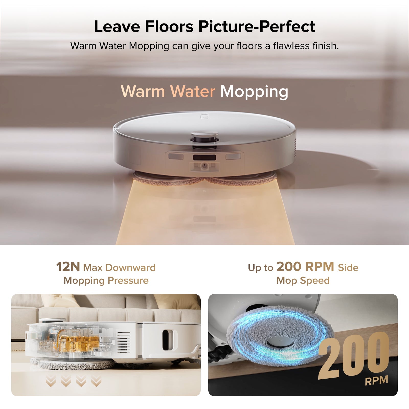 White robot vacuum mopping with a circular rotating mop pad under it