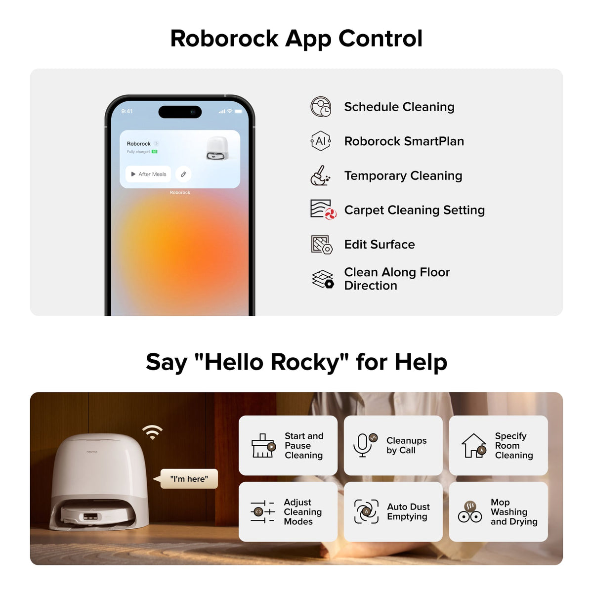 White robot vacuum dock with a smartphone showing Roborock app control options