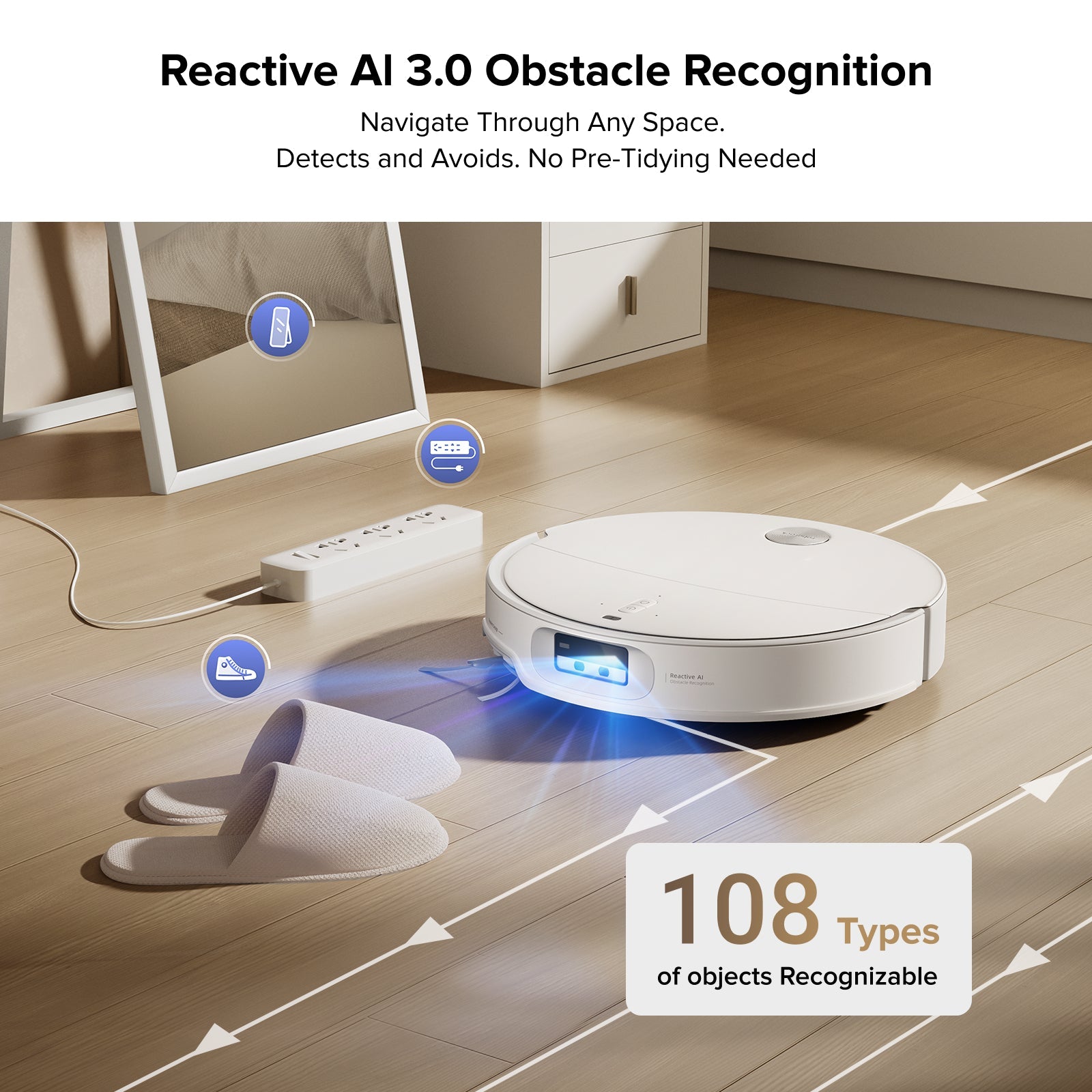 White robot vacuum moving around furniture edges on a clean hardwood floor