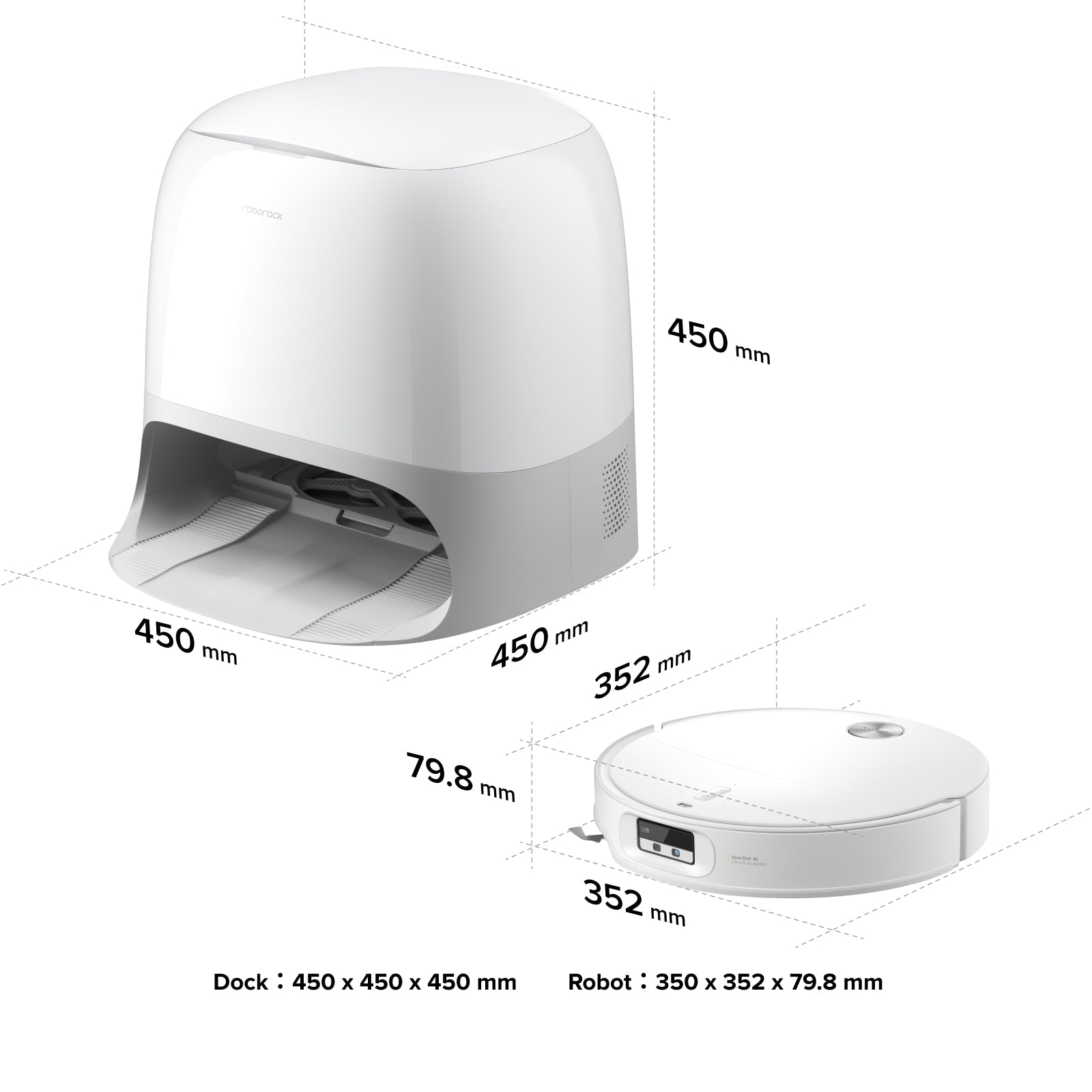 White robot vacuum and dock with front dimensions shown for placement spacing