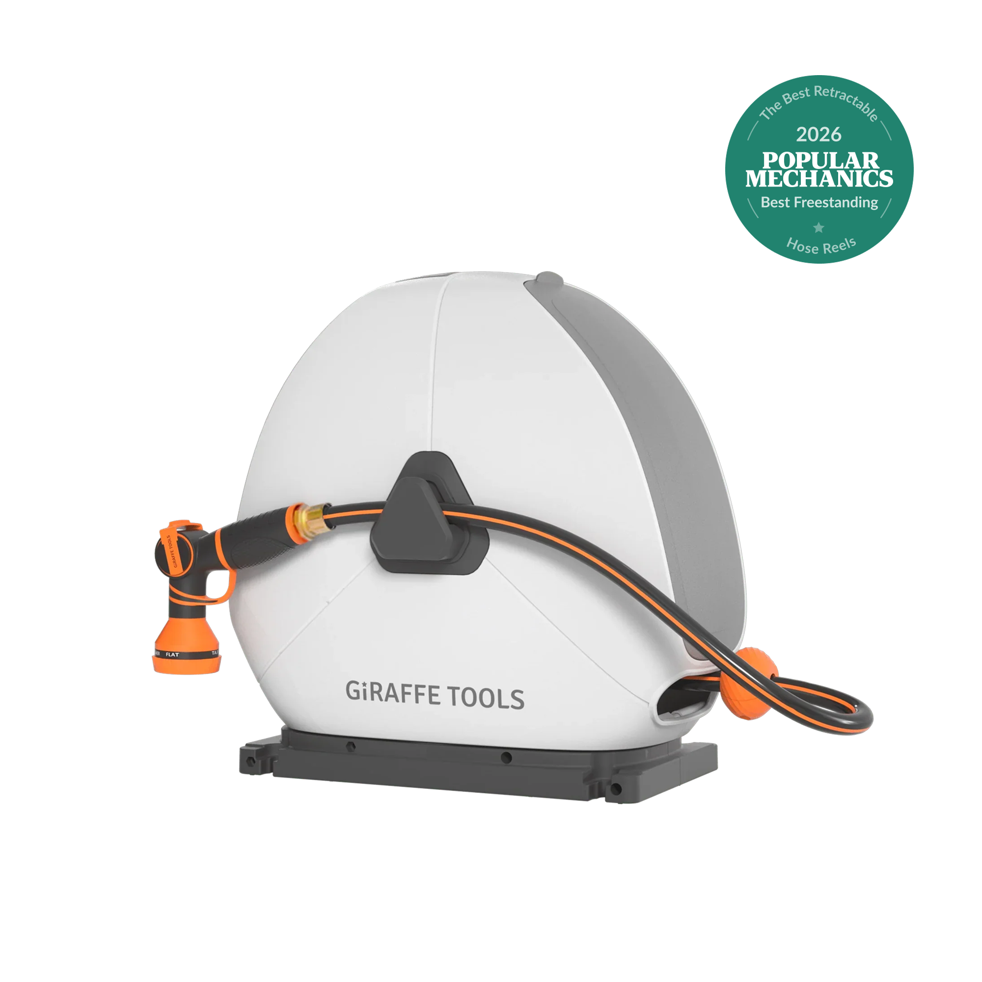 Retractable hose reel in white housing with orange hose and nozzle, grey base