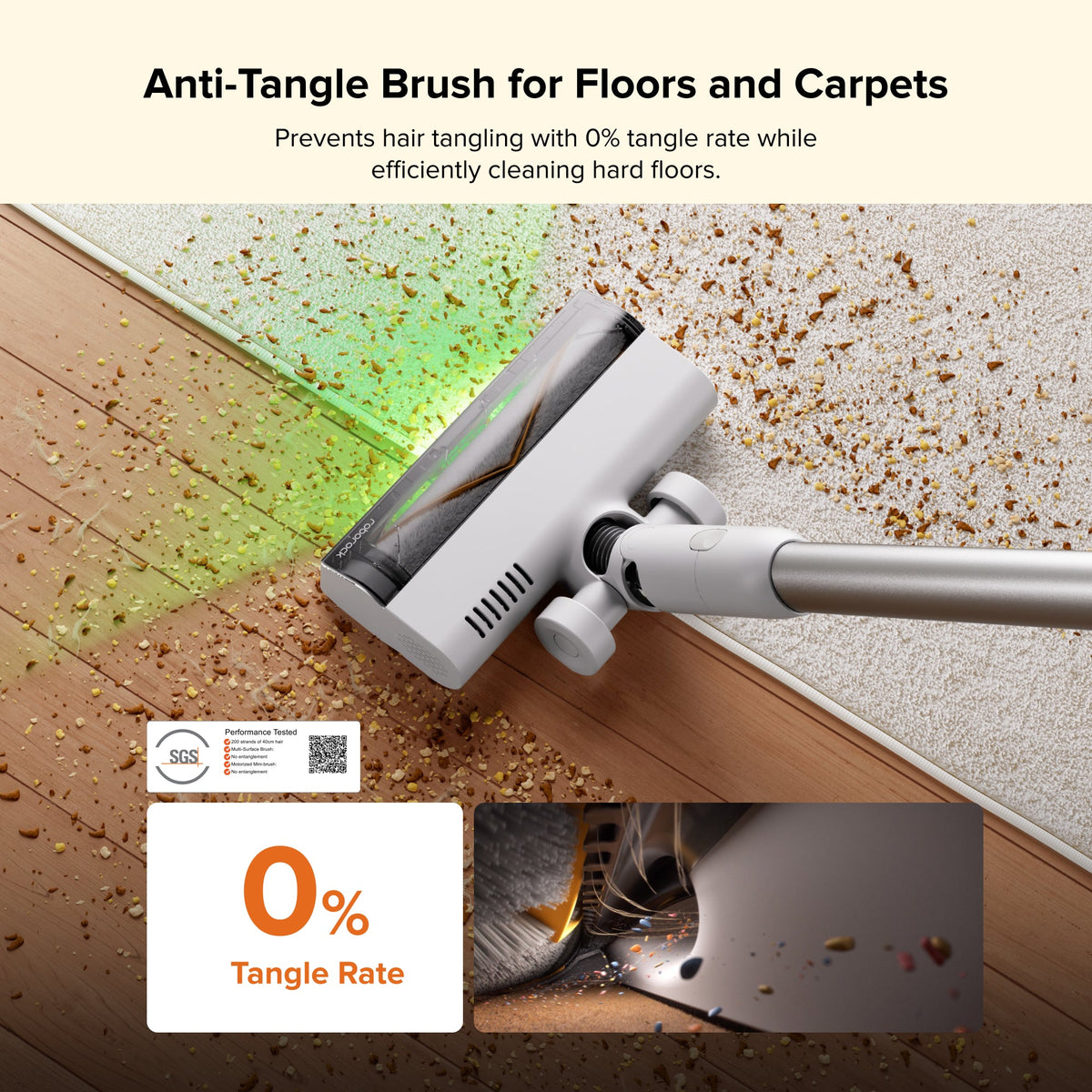 Anti-tangle floor brush attachment with suction head over carpet and scattered debris