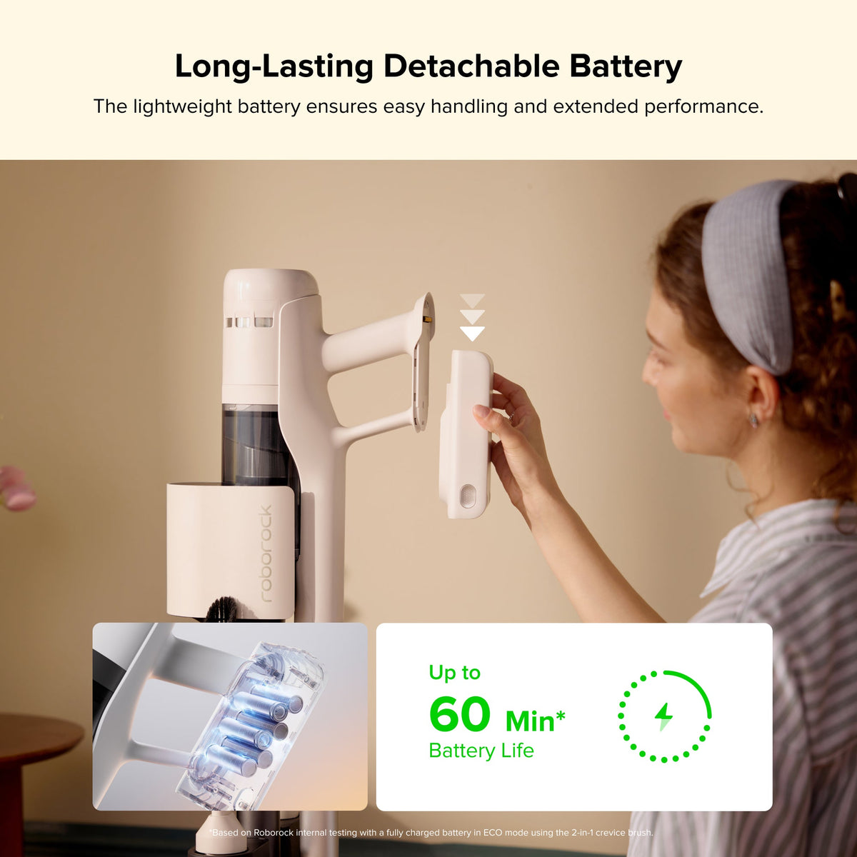 Detachable battery pack with handle for cordless stick vacuum