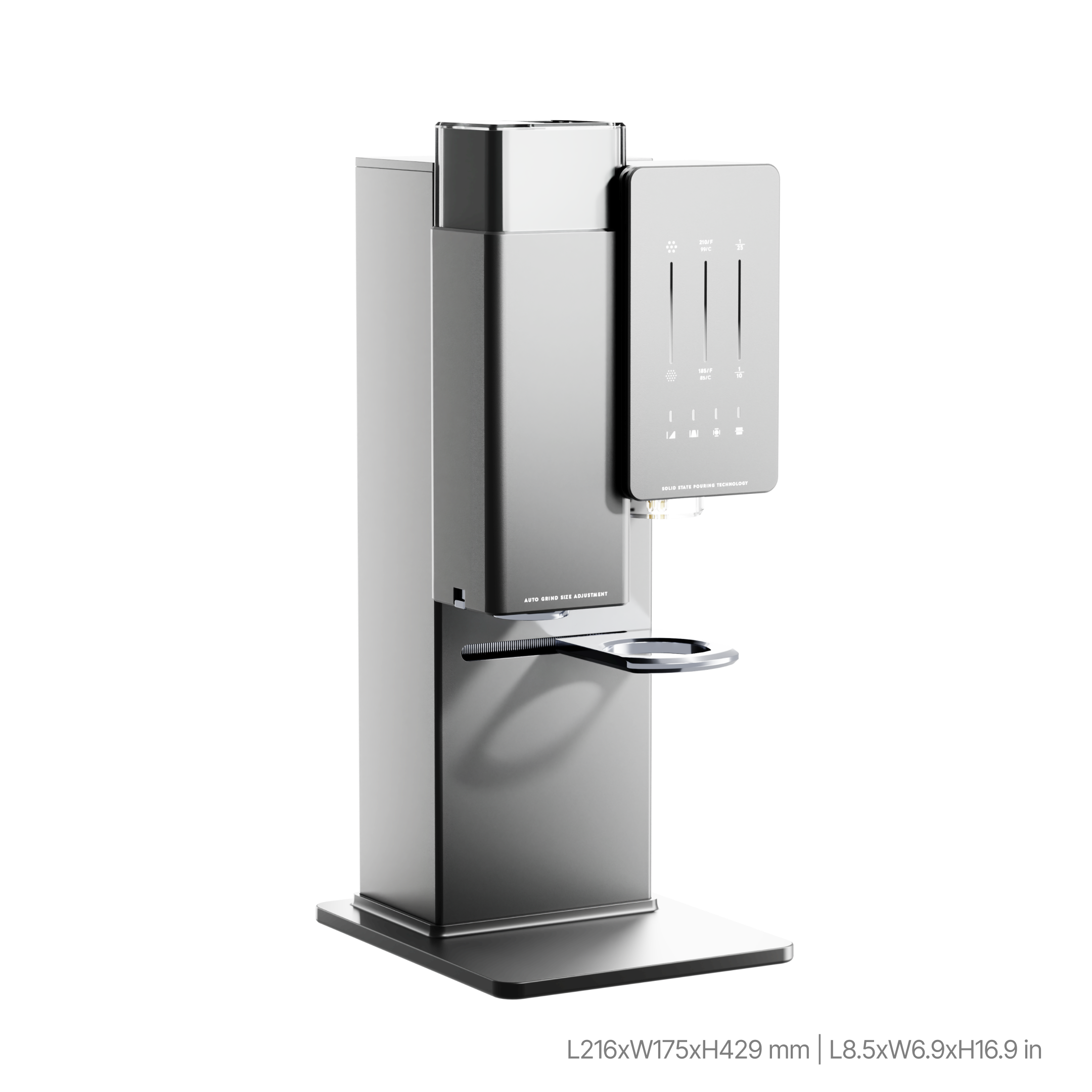 Automatic grinder coffee maker three-quarter view, dark gray and light gray panels