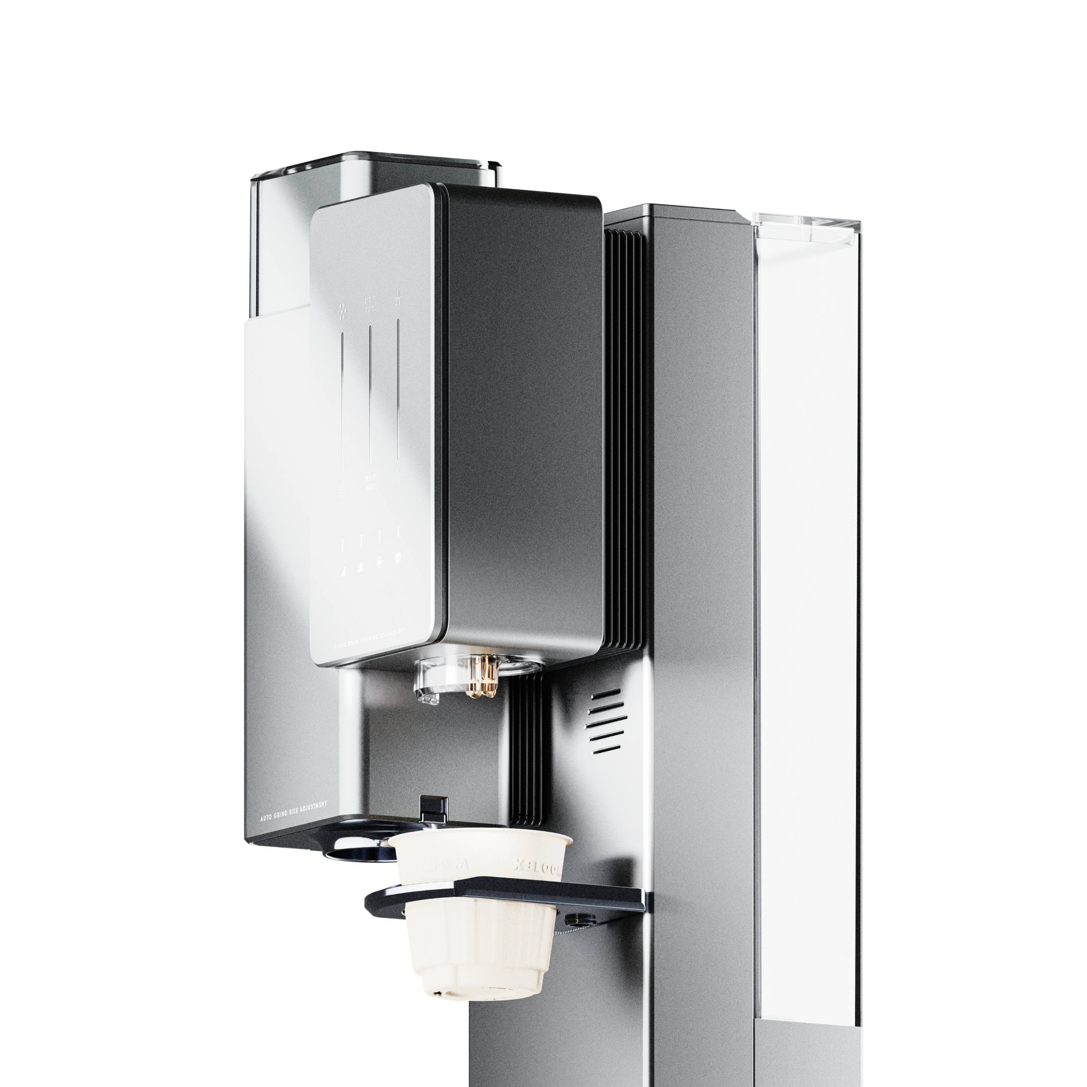 Automatic coffee maker, open grinder section with silver funnel and black top housing.