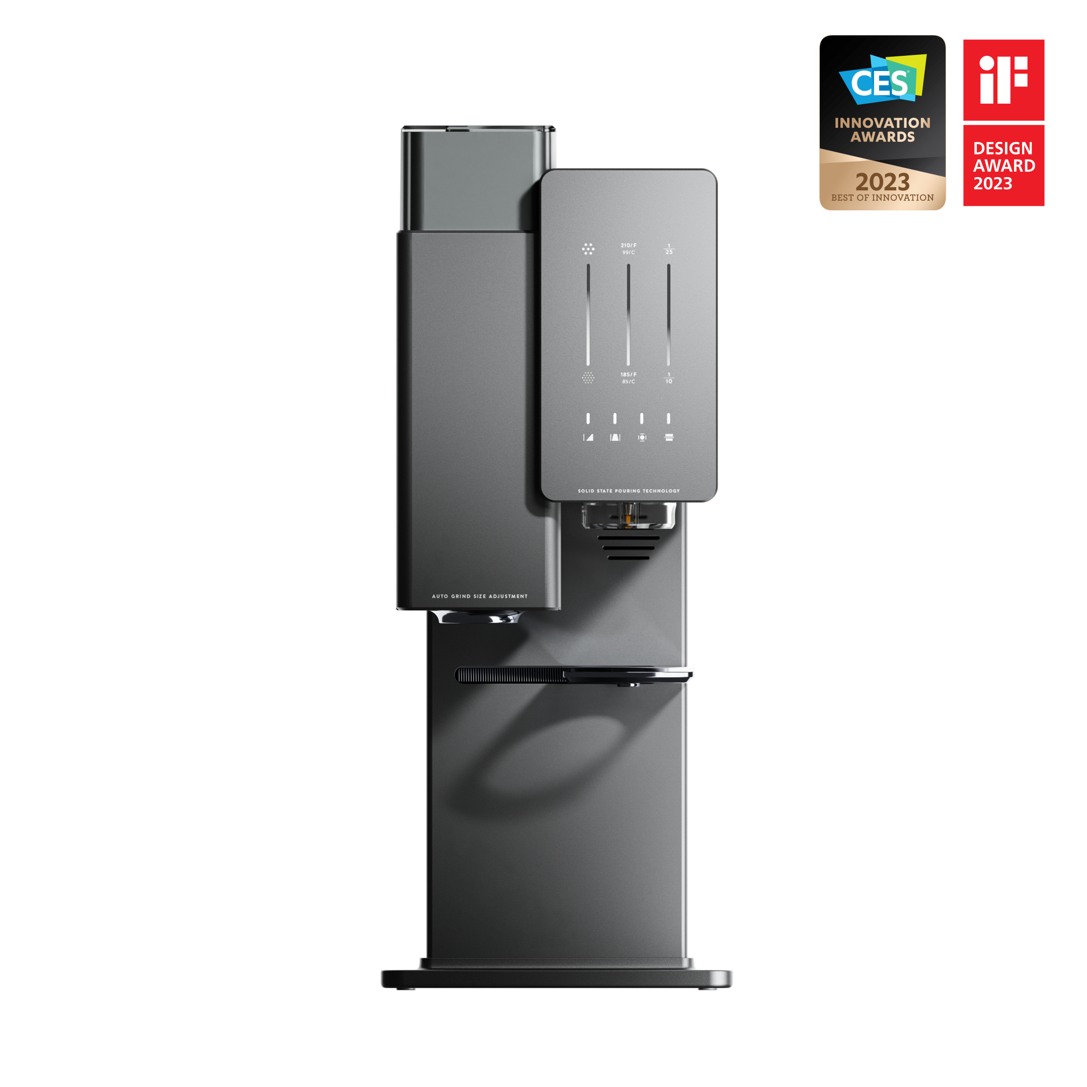 Smart pour-over coffee maker with built-in grinder, dark gray exterior and control panel