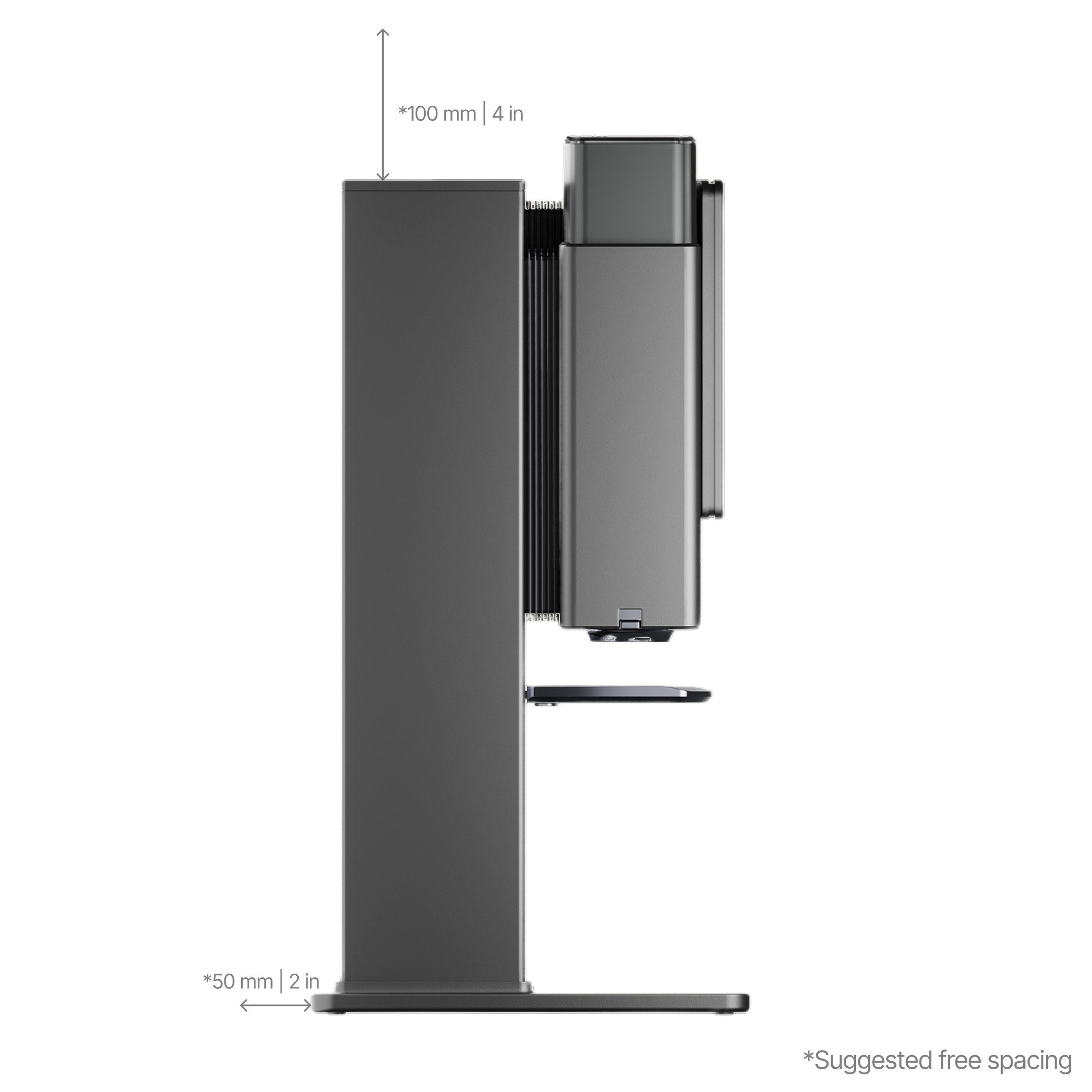 Smart coffee maker viewed from side, tall dark gray body with brew spout