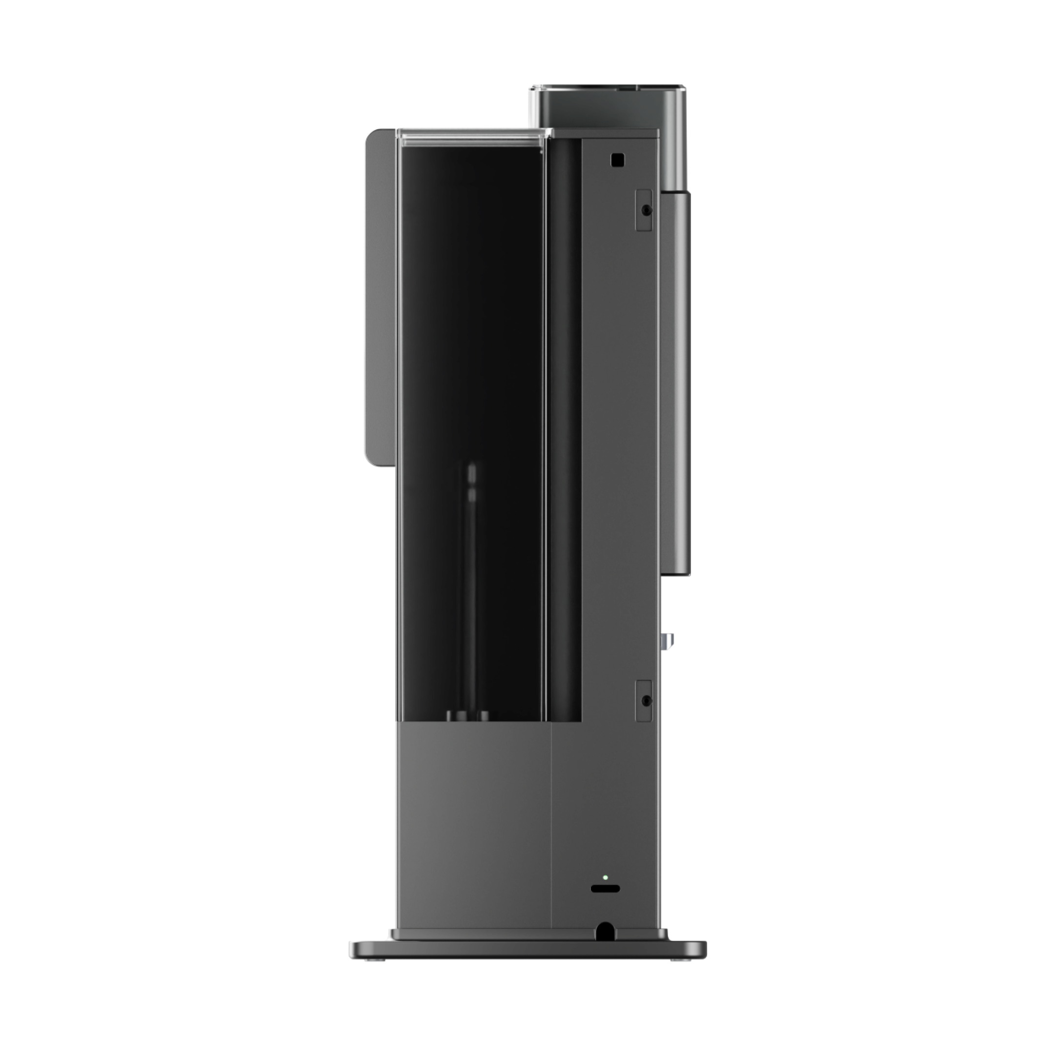 Coffee maker side view with tall housing, dark gray base, and back connections