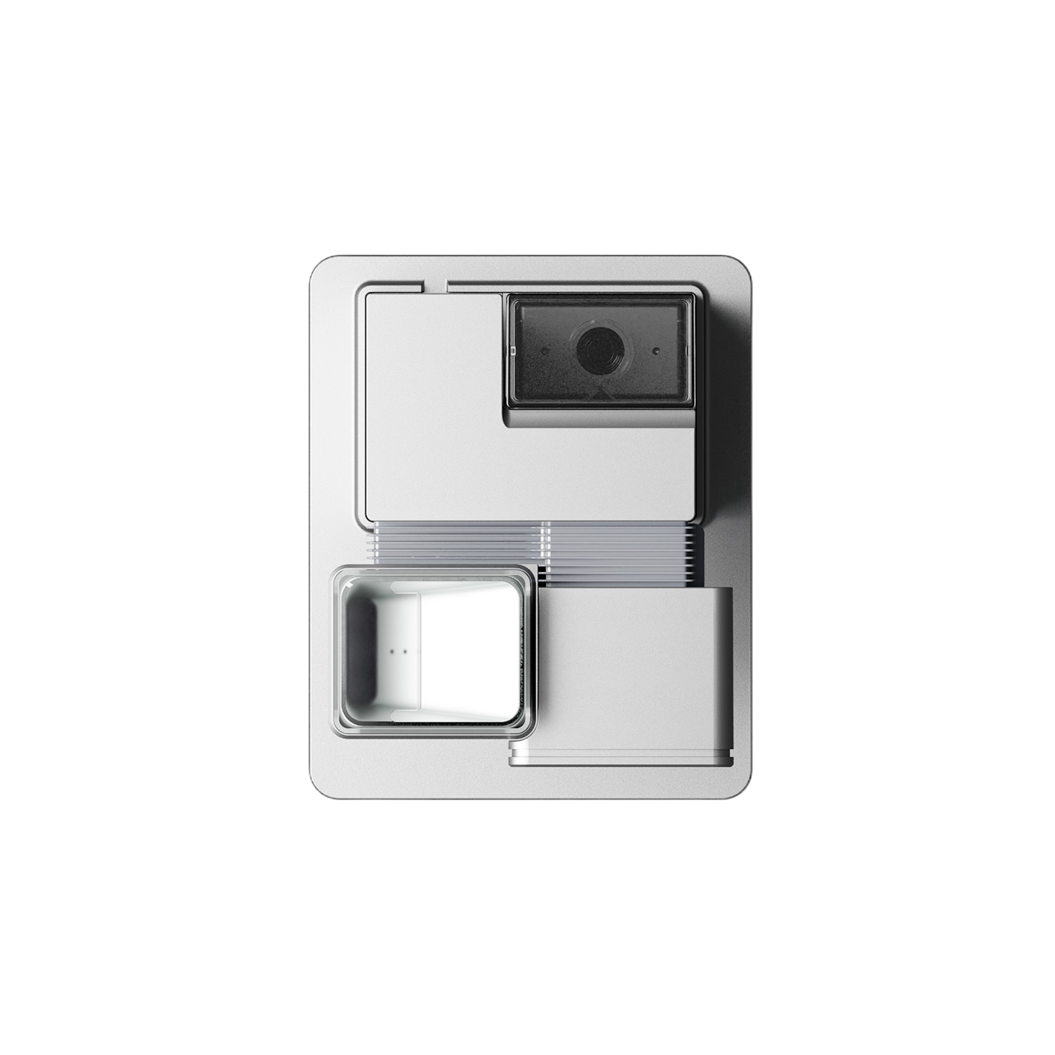 Automatic coffee maker brewing module with front access door and circular sensor window.