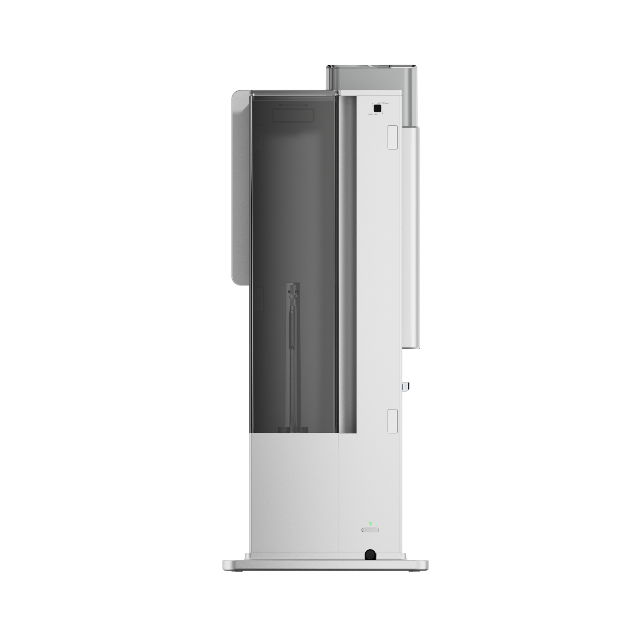 Automatic coffee maker, back open view with dark interior and white exterior panels.