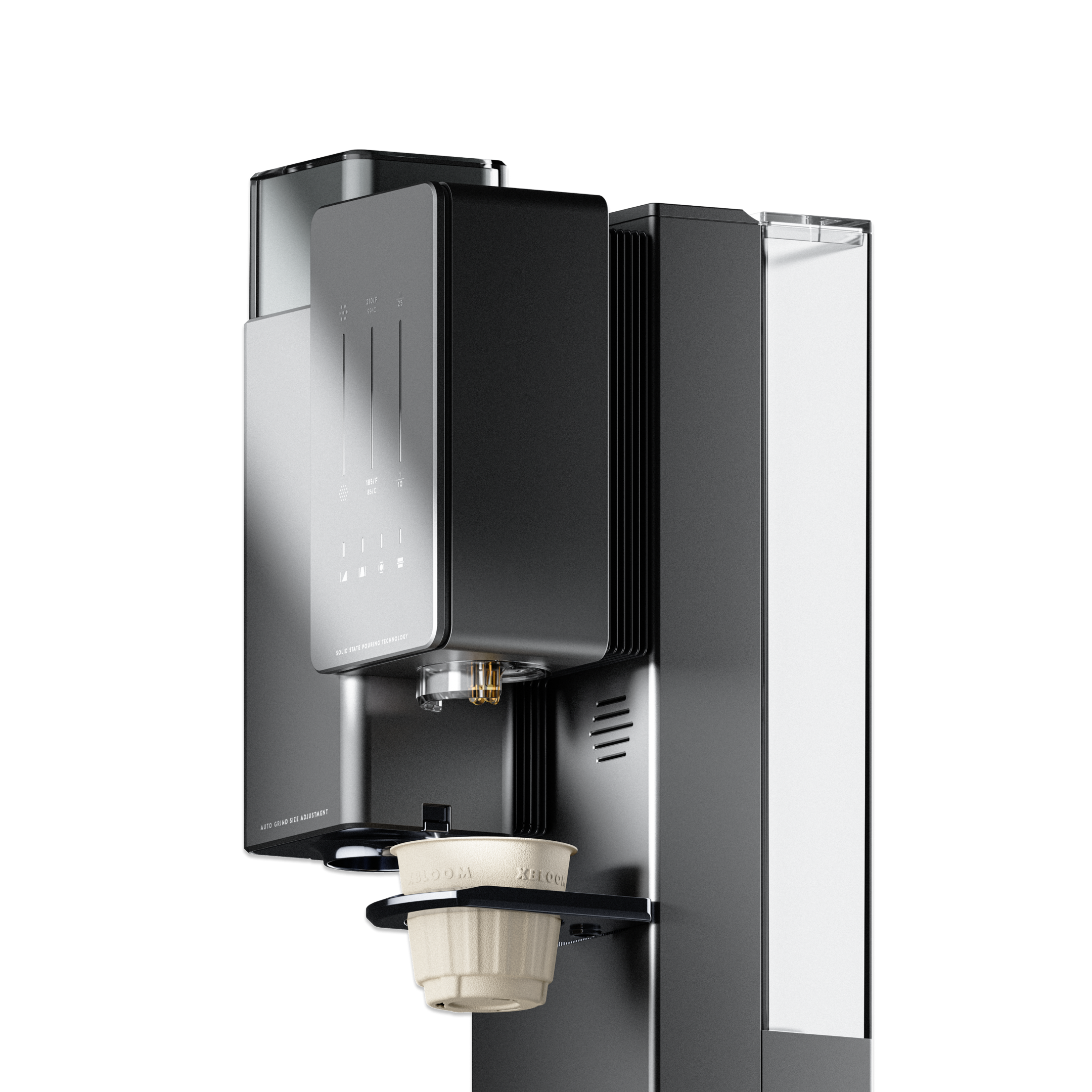 Coffee maker with removable parts shown, dark and light gray housing and grinder outlet