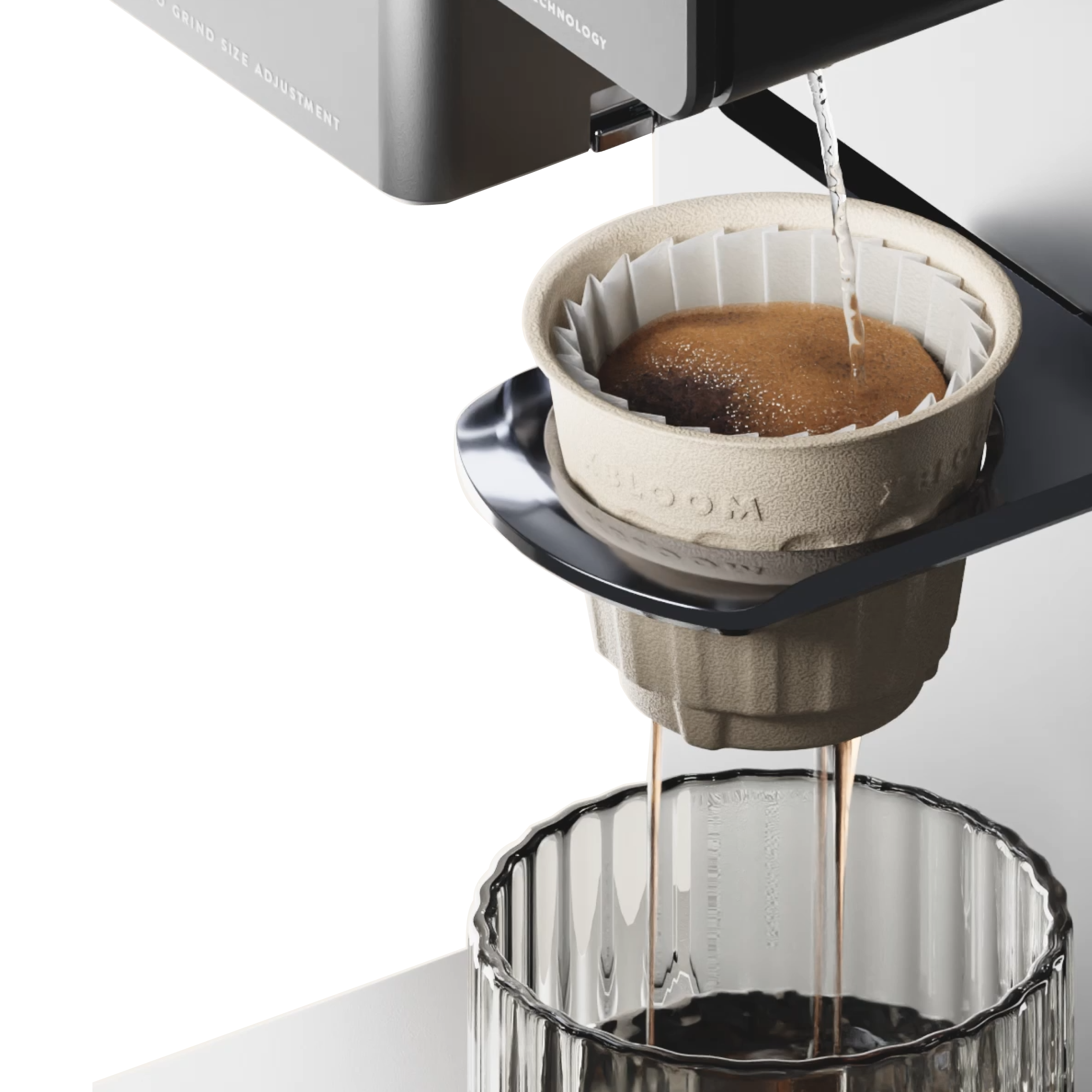Pour-over brewing: hot water streams into paper-free filter cup on the coffee maker
