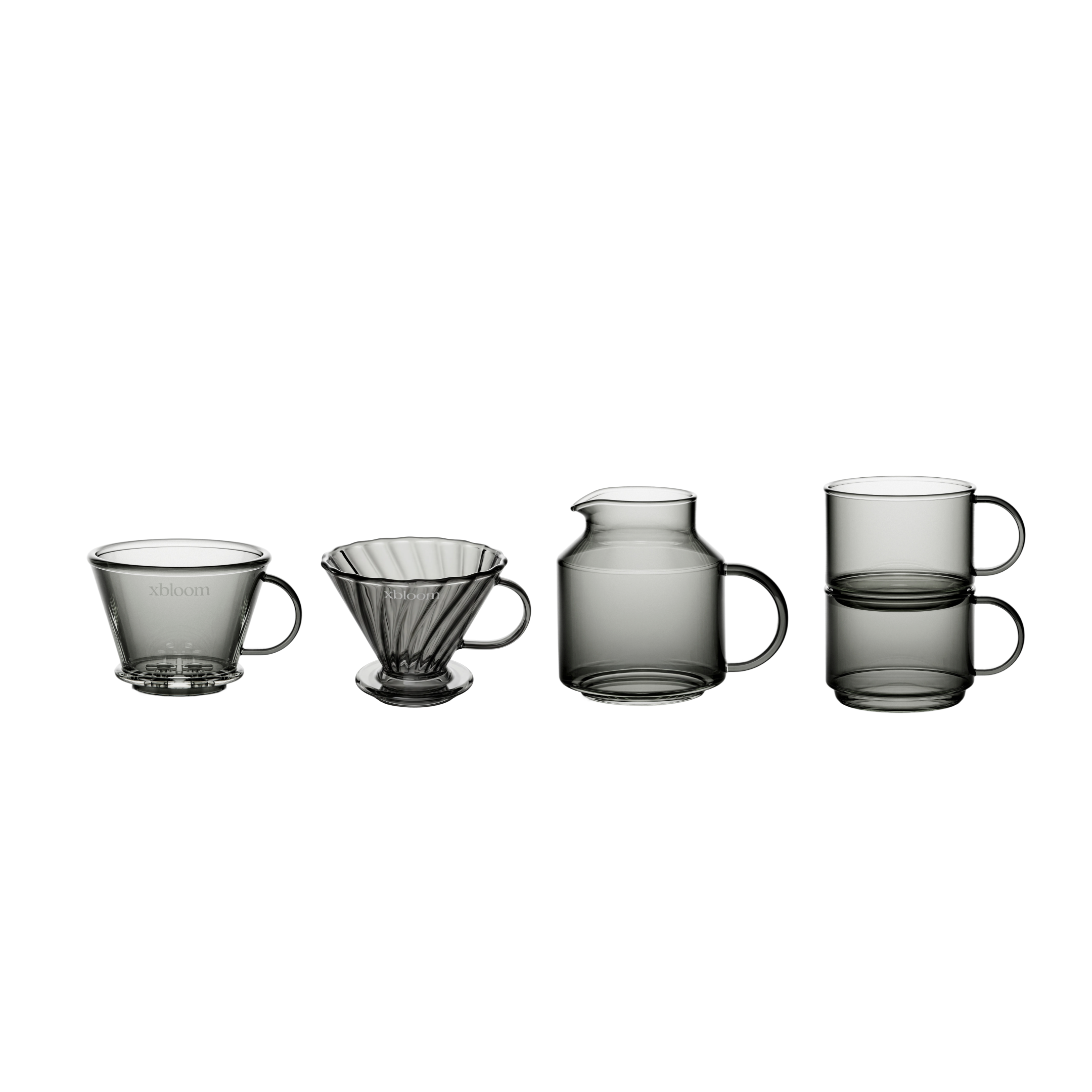 Coffee brewing set in black includes dripper, carafe, and three glass serving cups
