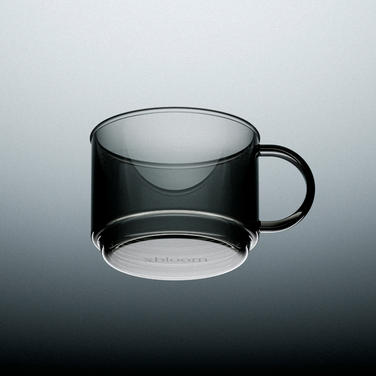 Infinity tasting cup, dark glass mug with curved handle and visible base mark