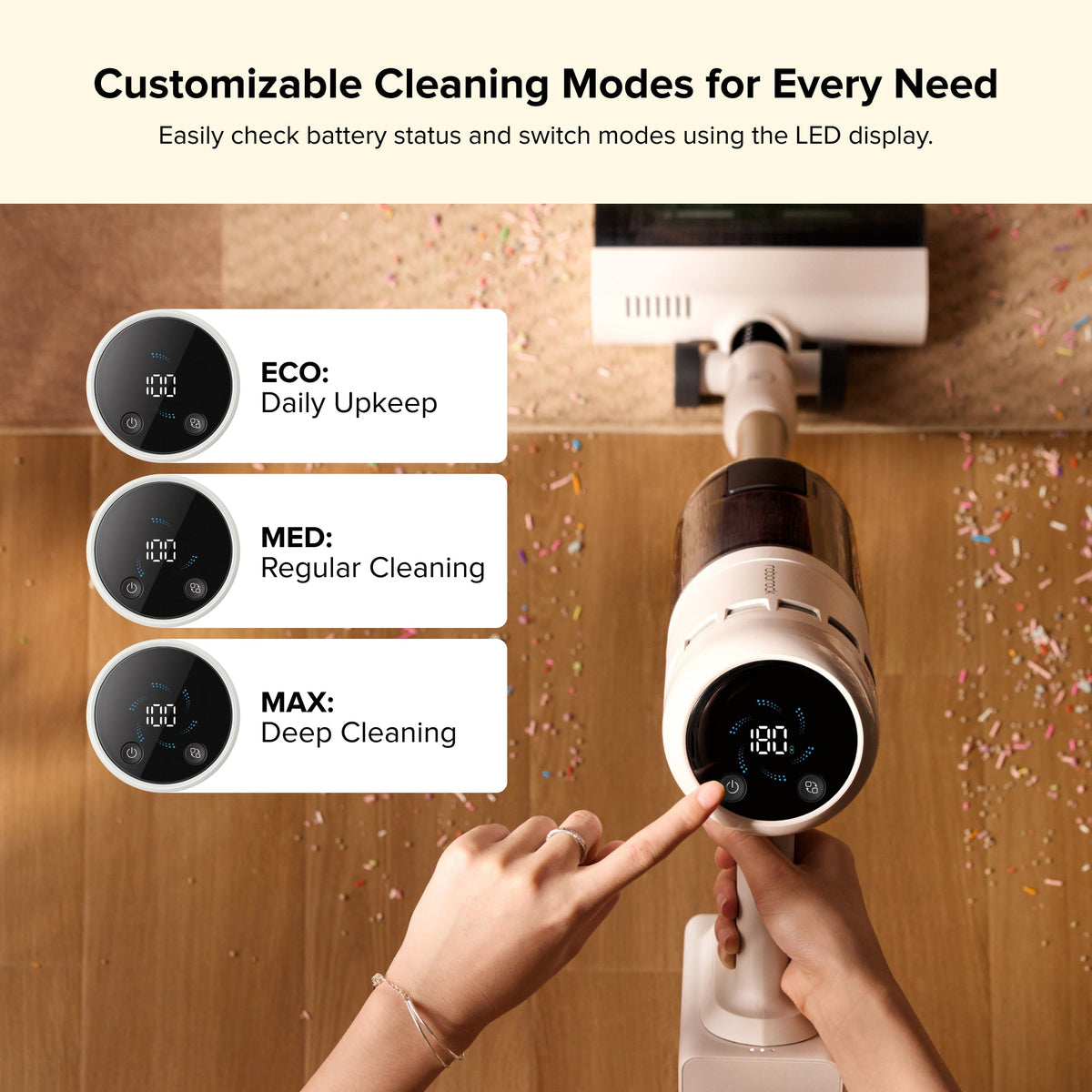 Cordless stick vacuum handle with LED display for adjustable cleaning modes