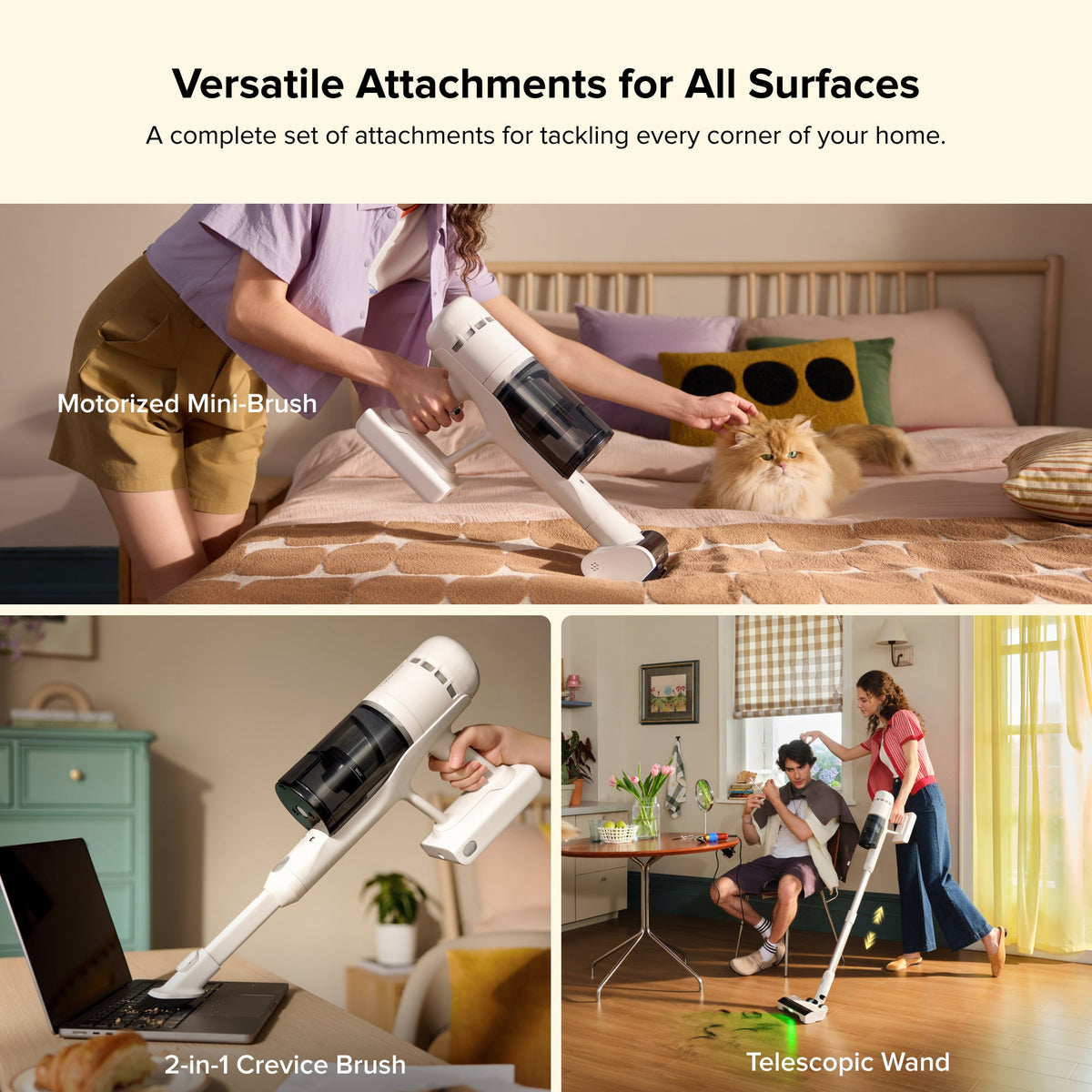Cordless vacuum attachments set with motorized mini brush, crevice tool, and telescopic wand