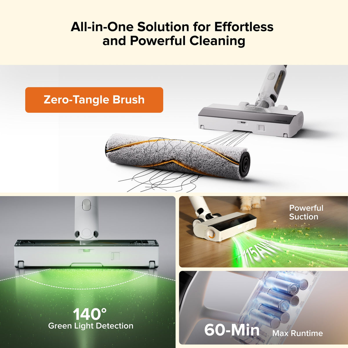 Cordless stick vacuum with auto-empty dock and rotating floor brush