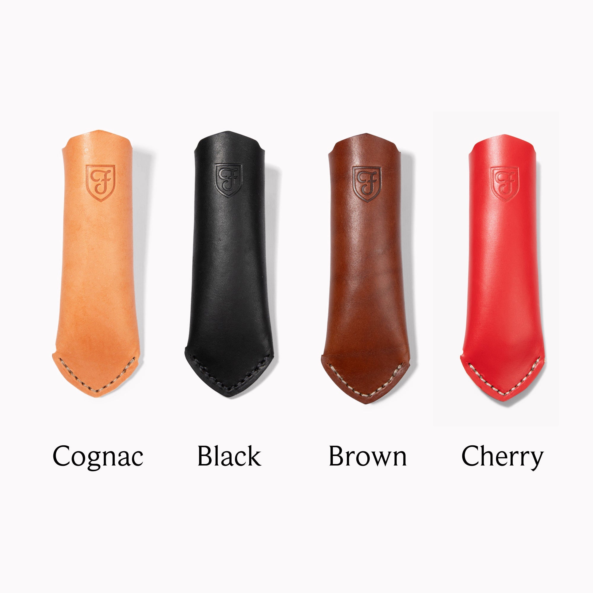 Cast iron cookware handle covers in Cognac, Black, Brown, and Cherry colors