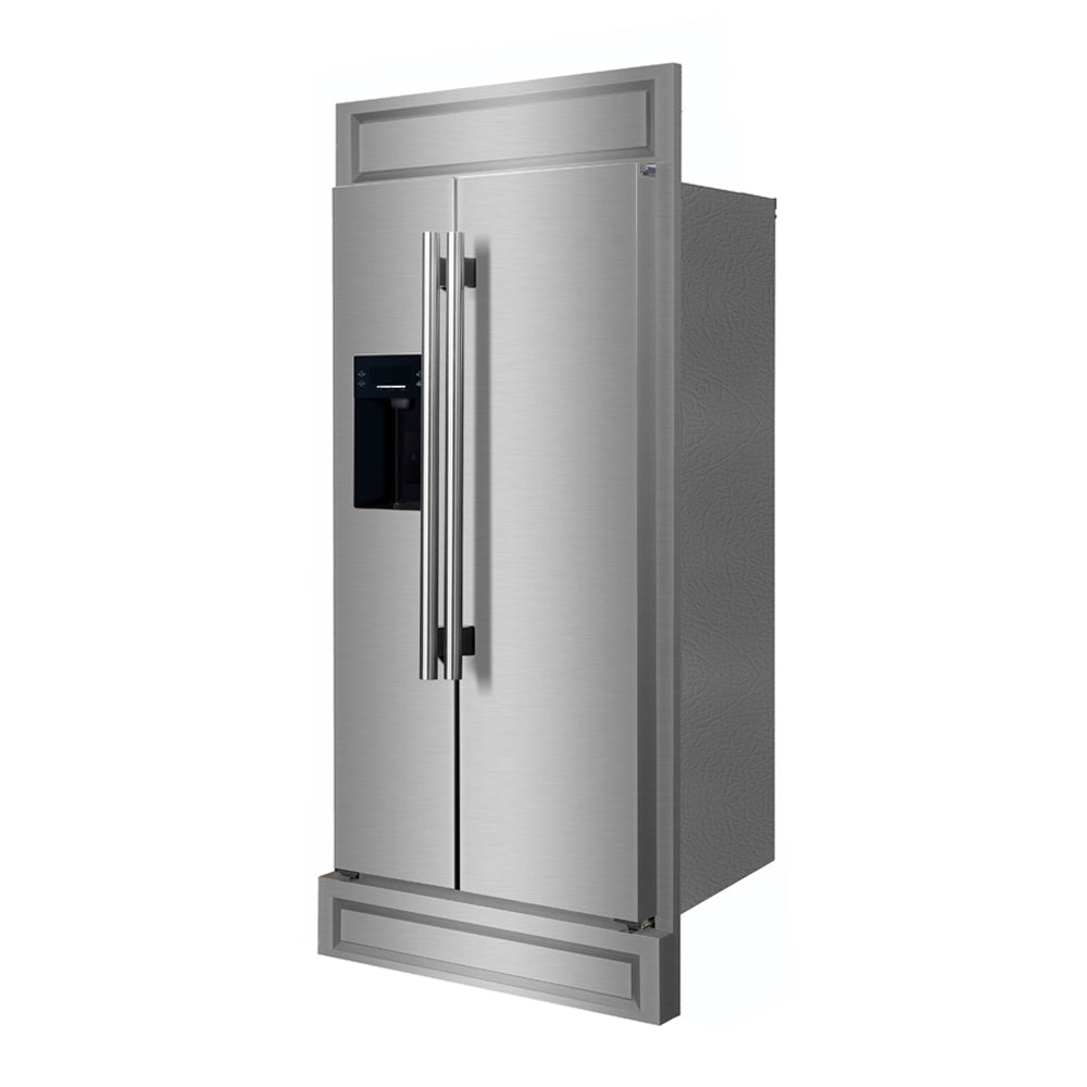 Built-in stainless-steel refrigerator with decorative grille trim and dual vertical handles