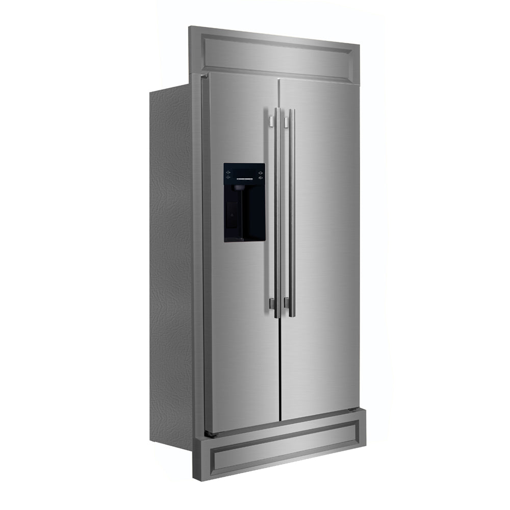 Built-in stainless-steel refrigerator, side view showing dual doors and water dispenser panel