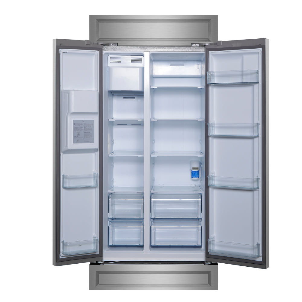 Built-in stainless-steel refrigerator interior with bright shelves, bins, and door compartments