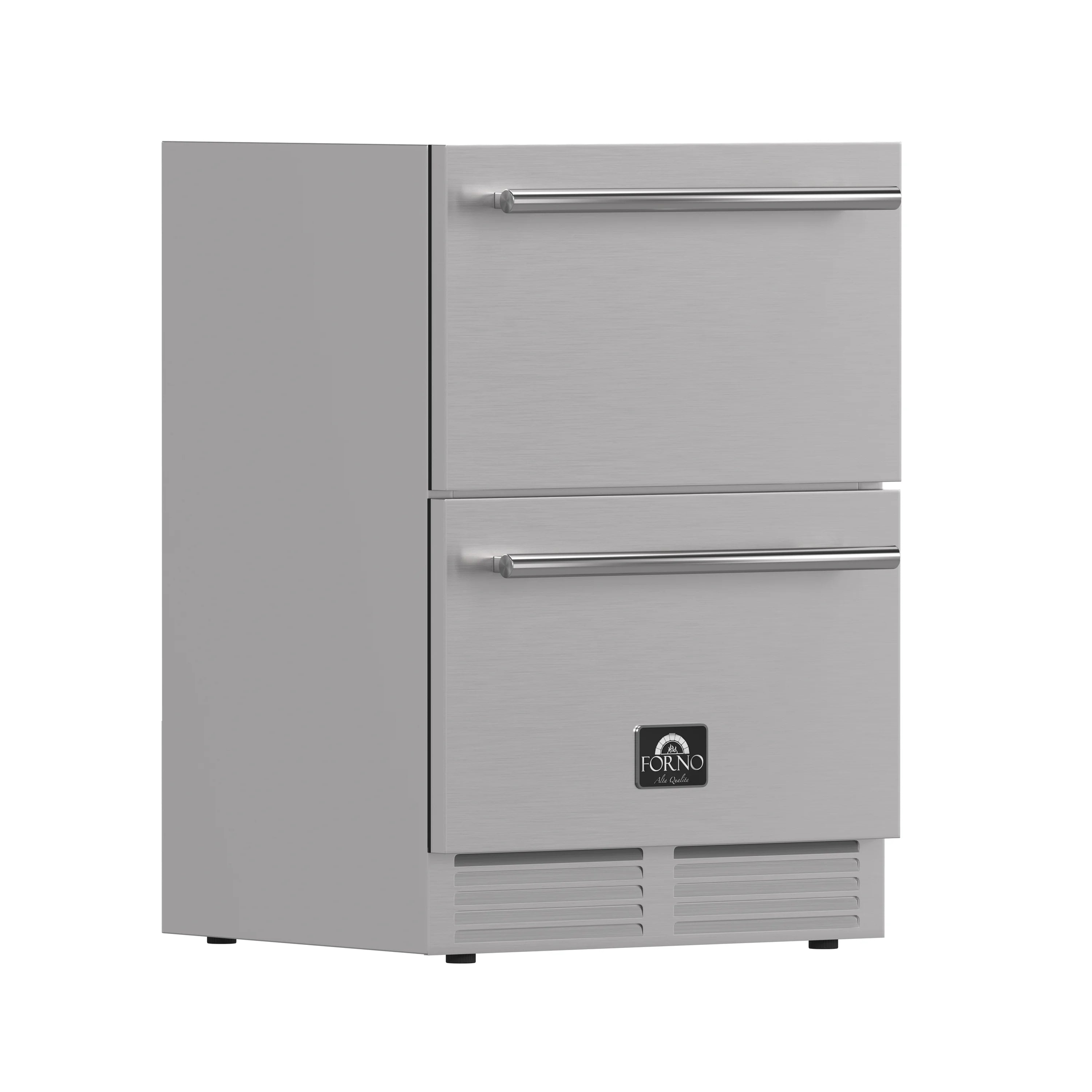 Stainless steel dual-drawer refrigerator/freezer with two horizontal pull handles