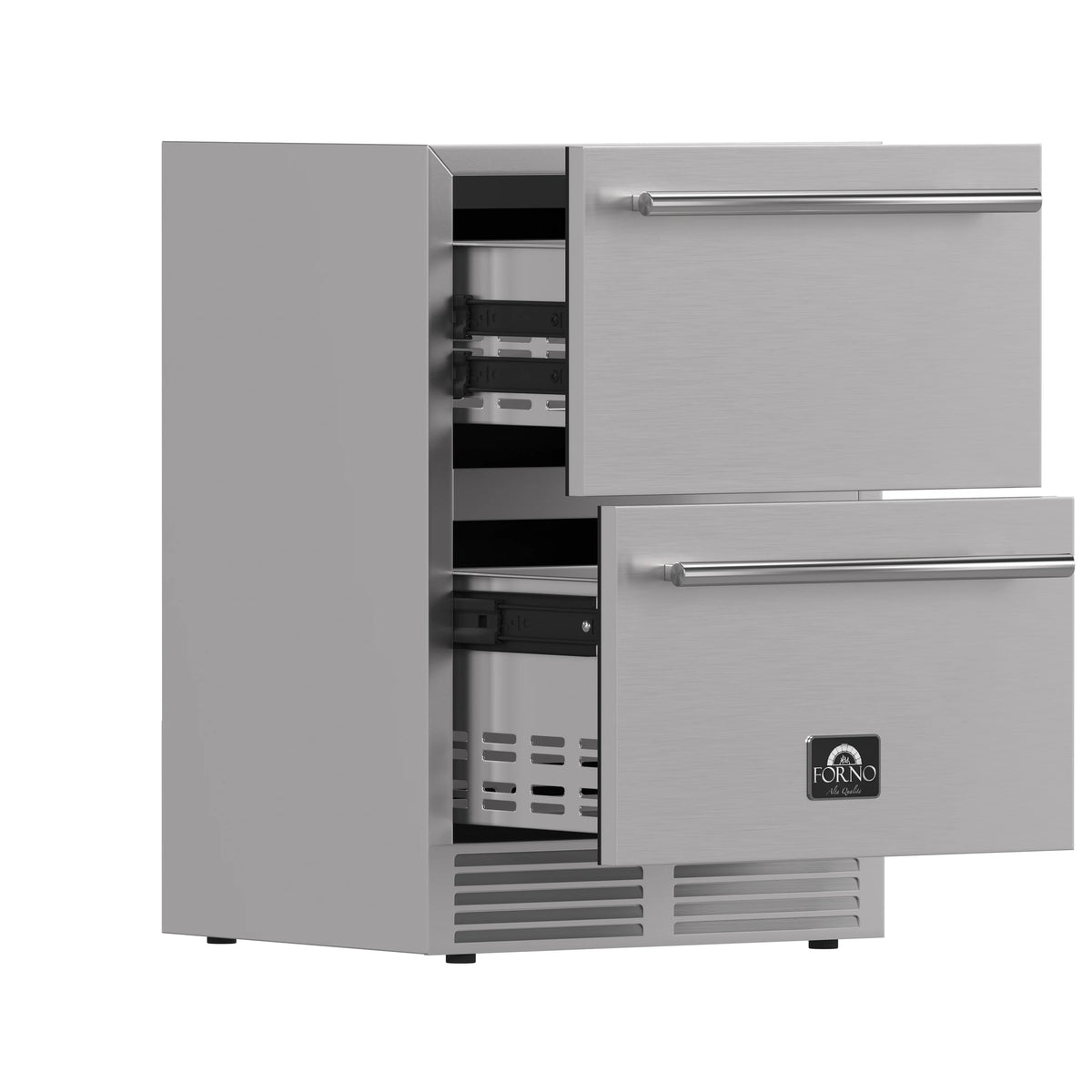Stainless steel refrigerator drawer with side openings showing shelves and pull-out baskets