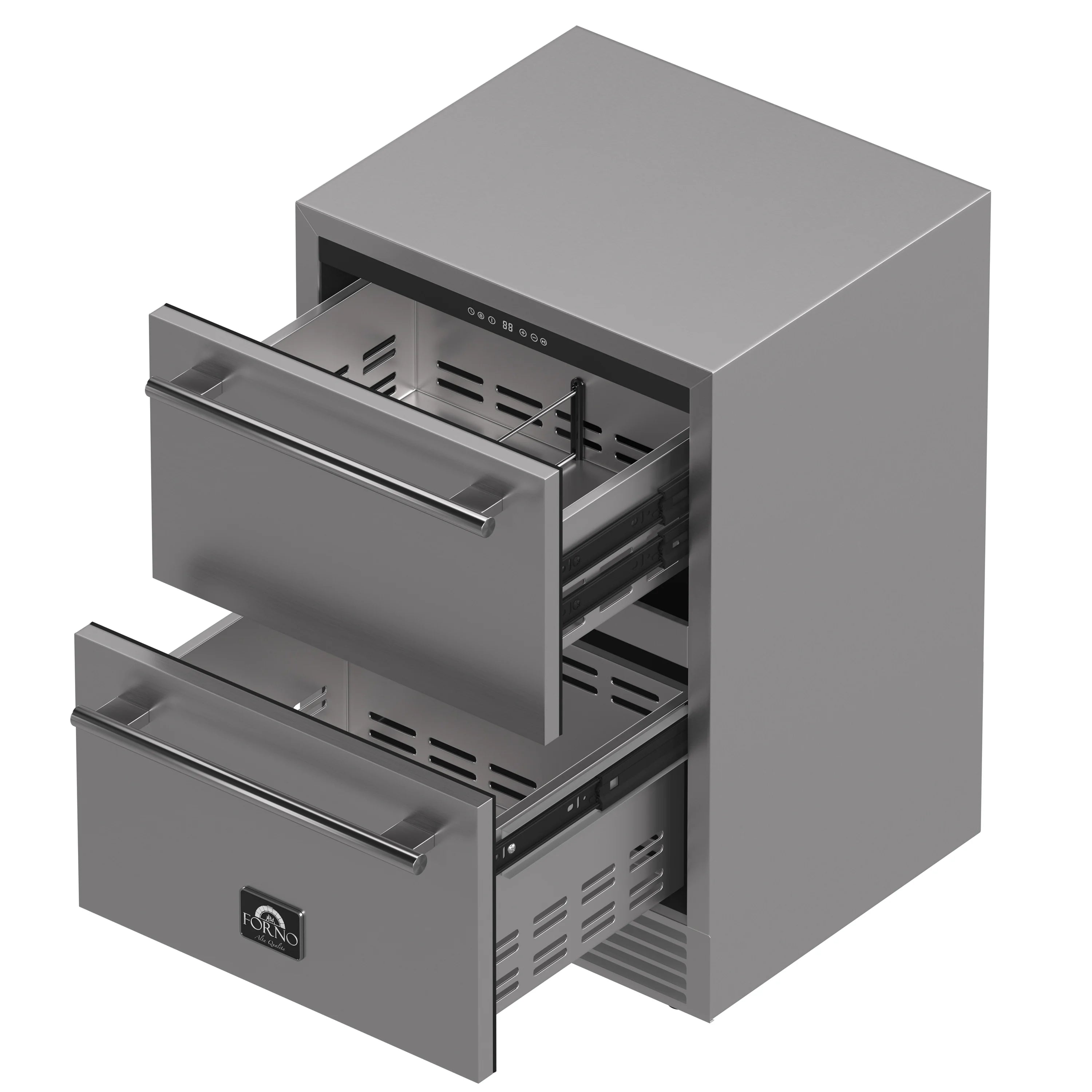 Stainless steel two-drawer refrigerator/freezer with both drawers pulled out