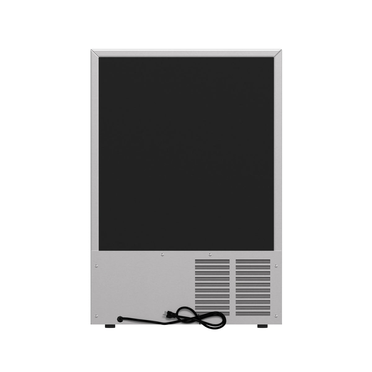 Stainless steel refrigerator drawer outdoor unit with black door panel and vented side grille