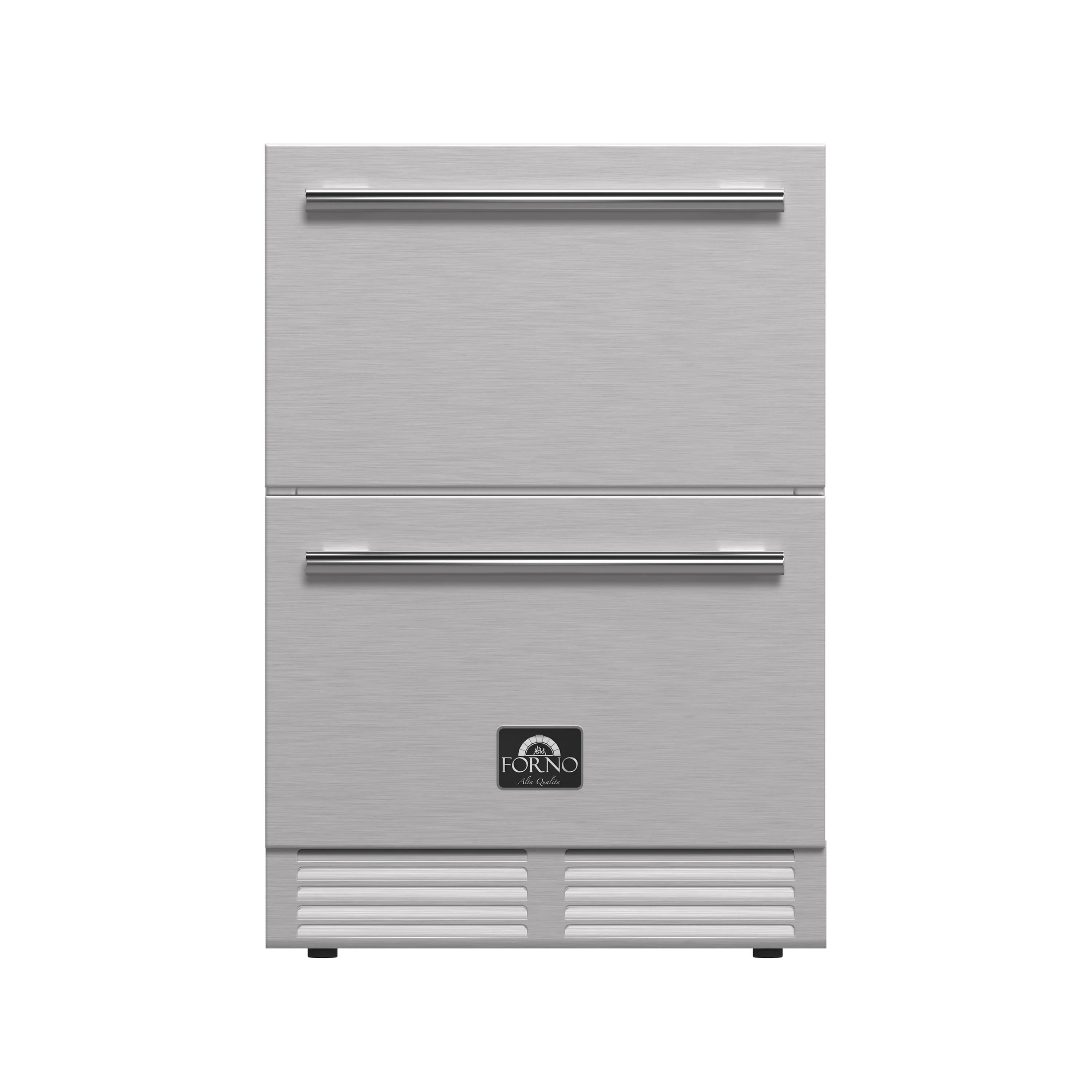 Stainless steel refrigerator drawer with two horizontal pull handles and front vent openings
