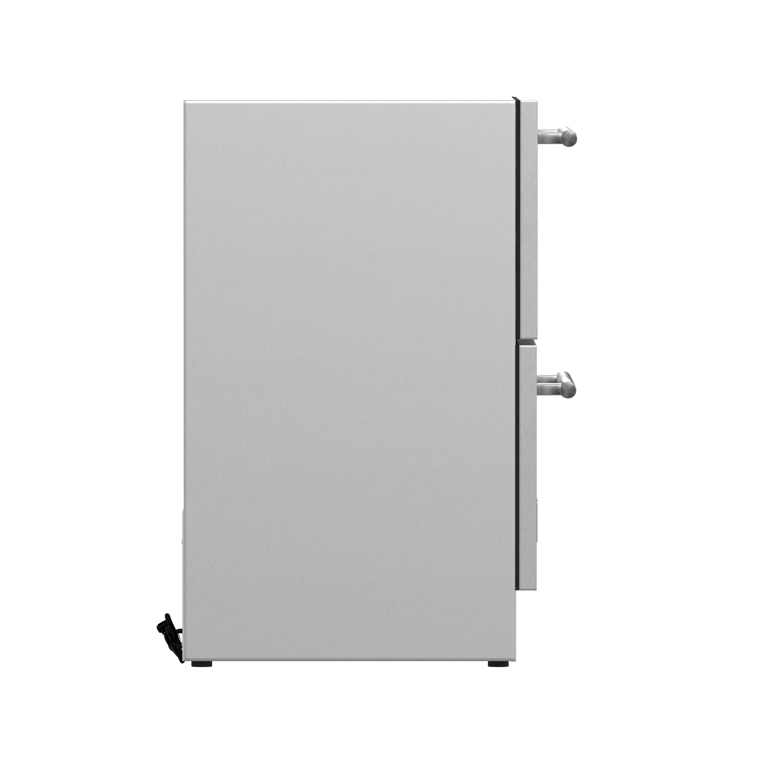Stainless steel refrigerator drawer side view with two metal connection knobs
