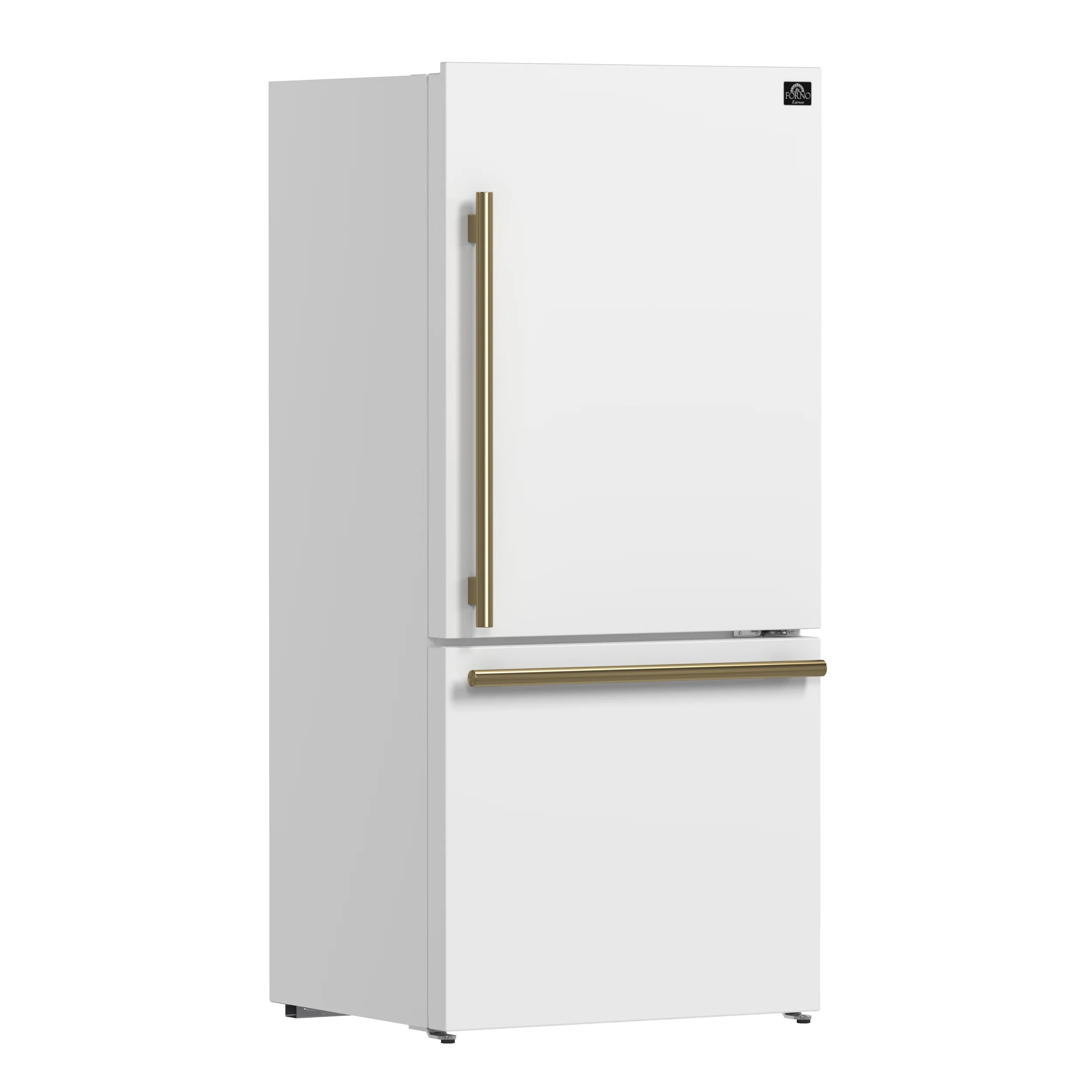 White refrigerator with right-hinged door and antique brass handle, front three-quarter view.