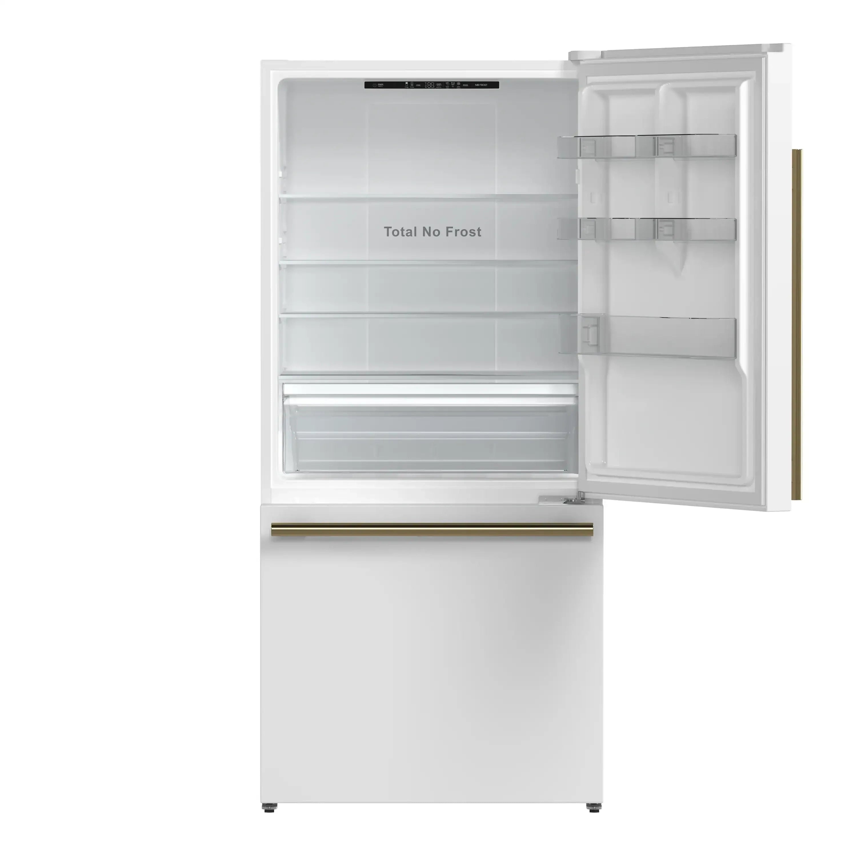 White refrigerator with door open showing upper compartments and Total No Frost label.