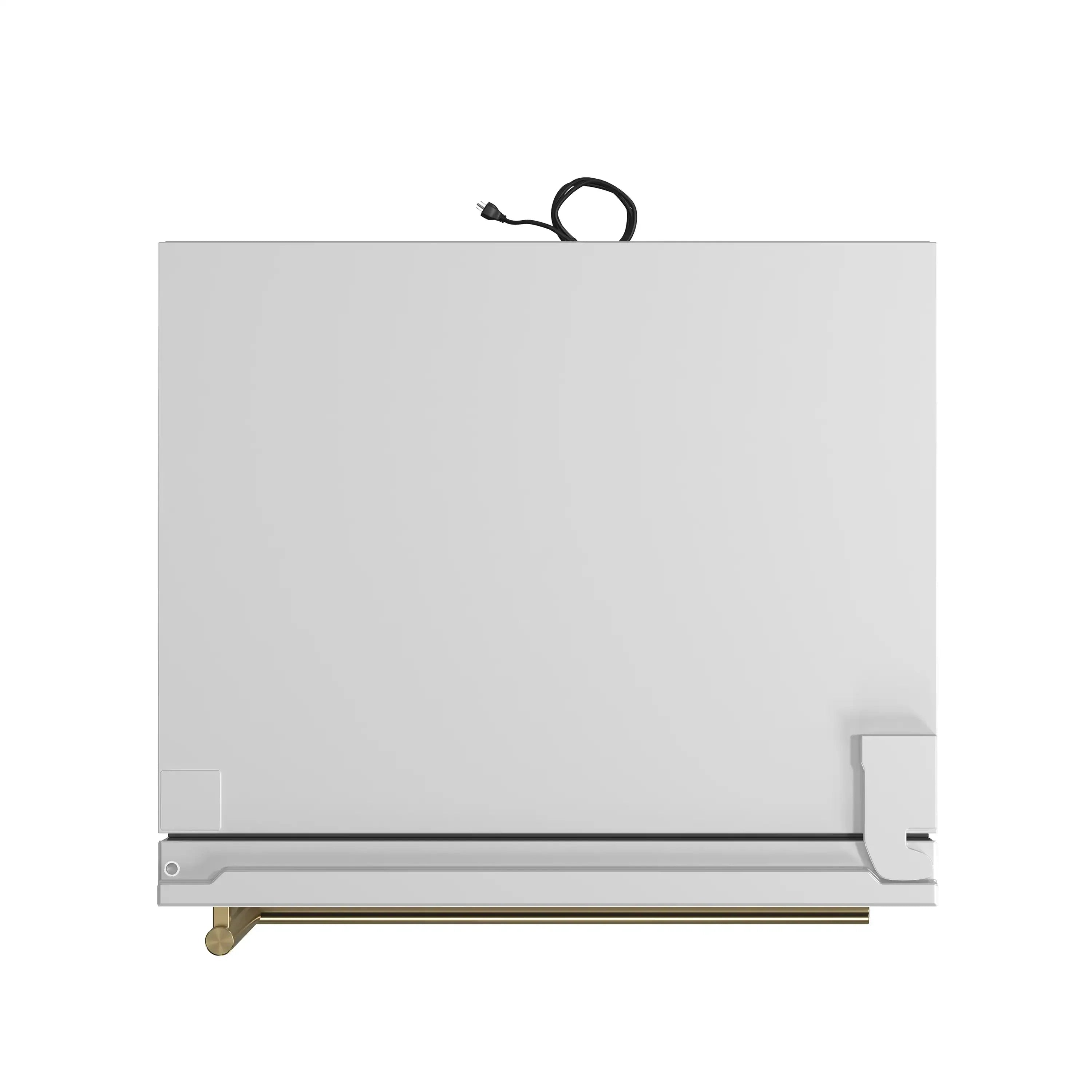 White refrigerator with bottom-freezer drawer and antique brass pull handle