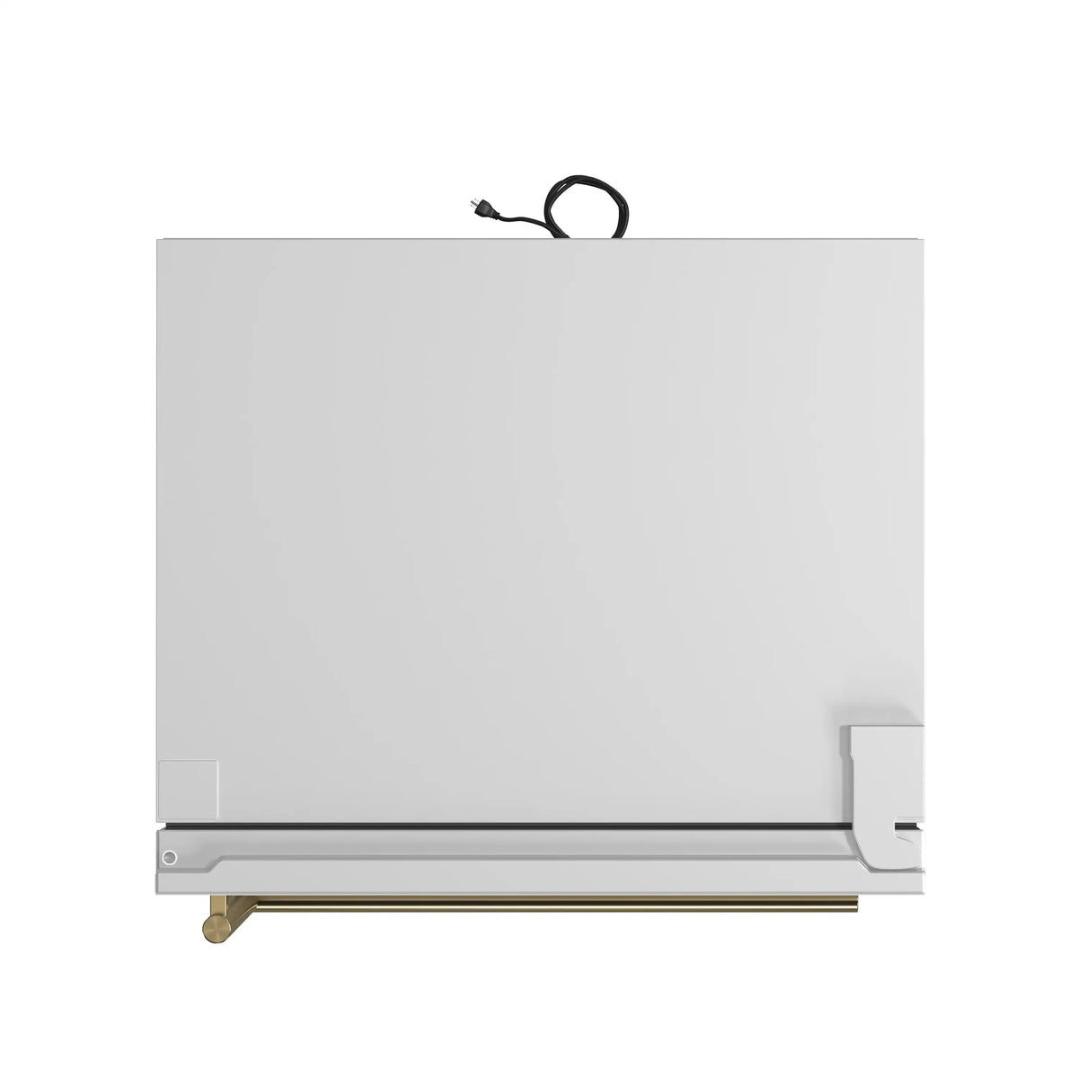 White refrigerator with bottom freezer; antique brass handle detail, doors closed