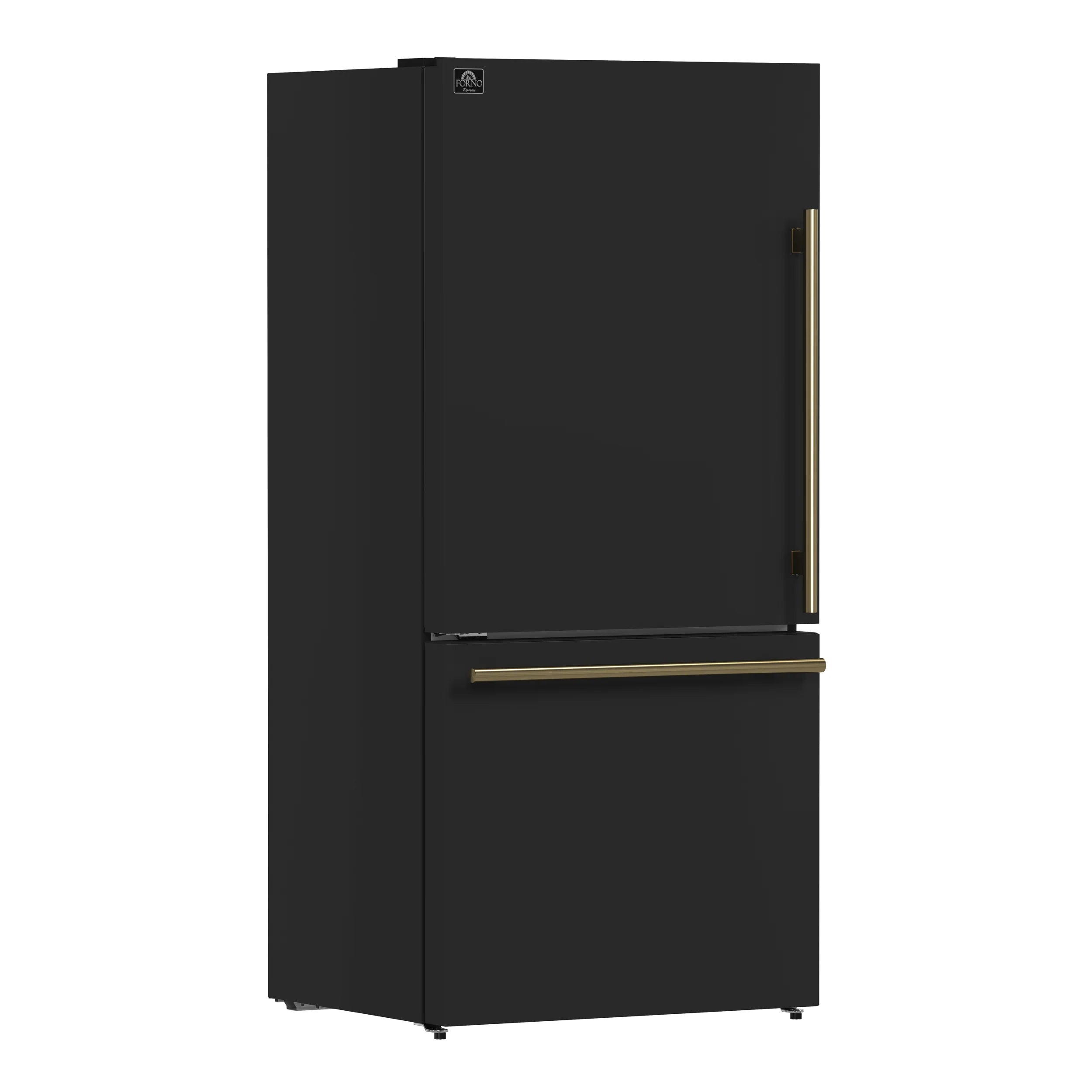 Black refrigerator with bottom freezer, front view, antique brass handle, left-hinge