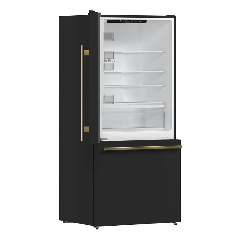 Forno Milano Espresso 31-Inch 17.2 cu. ft. Refrigerator and Bottom Freezer in Black with Antique Brass Handle, Left Hinge (FFFFD1786-31BLK)