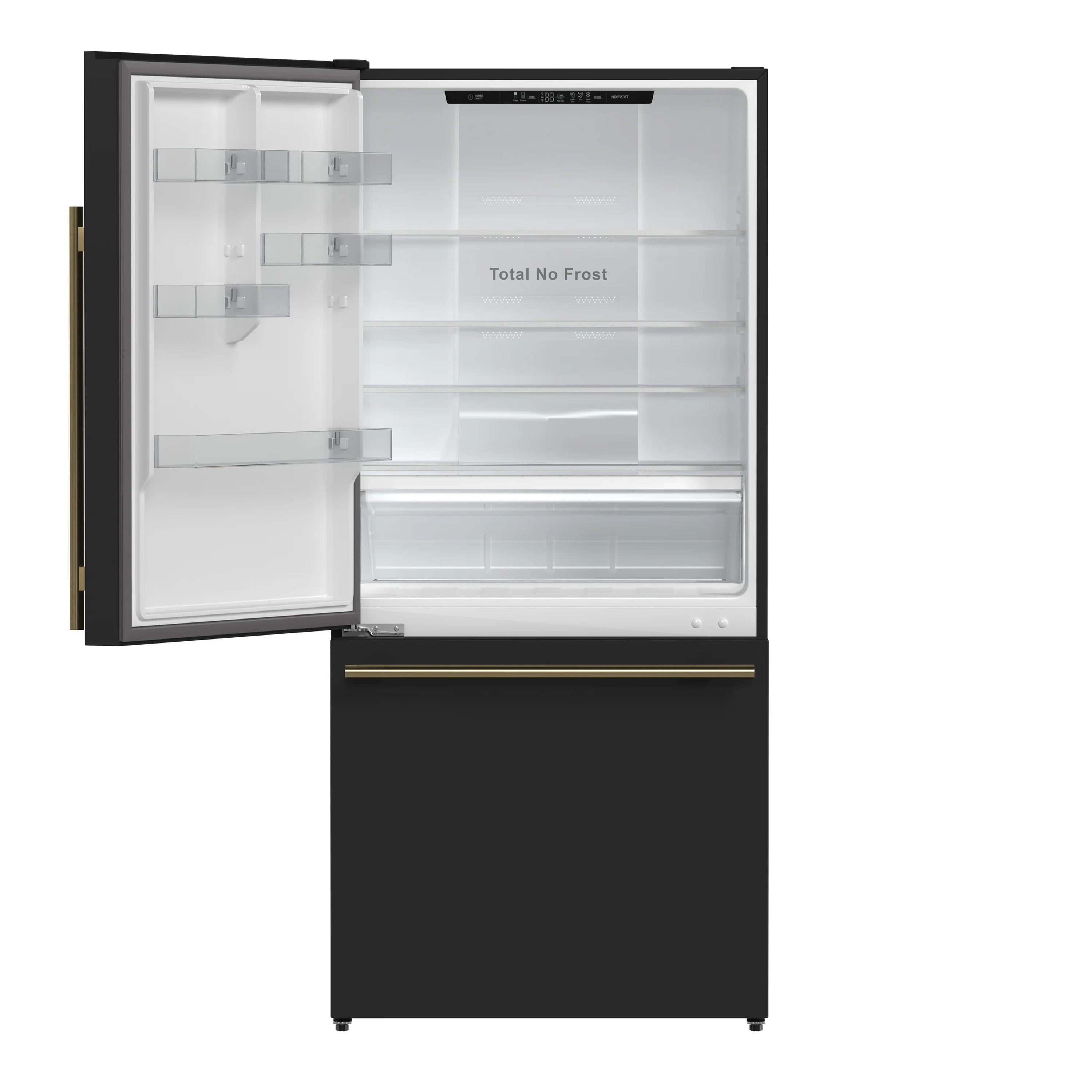 Black refrigerator with bottom freezer, open door showing interior shelves and Total No Frost