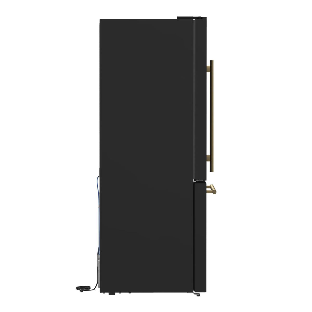 Black refrigerator side view with antique brass handle and door edge