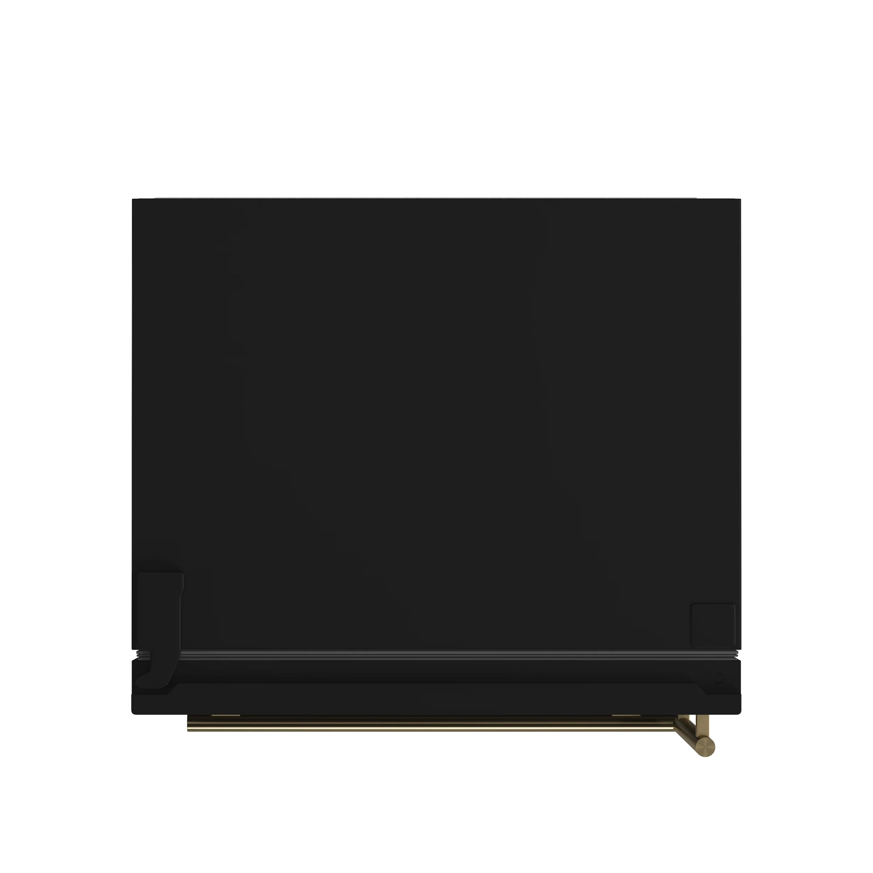 Black refrigerator bottom edge with hinge area and antique brass trim