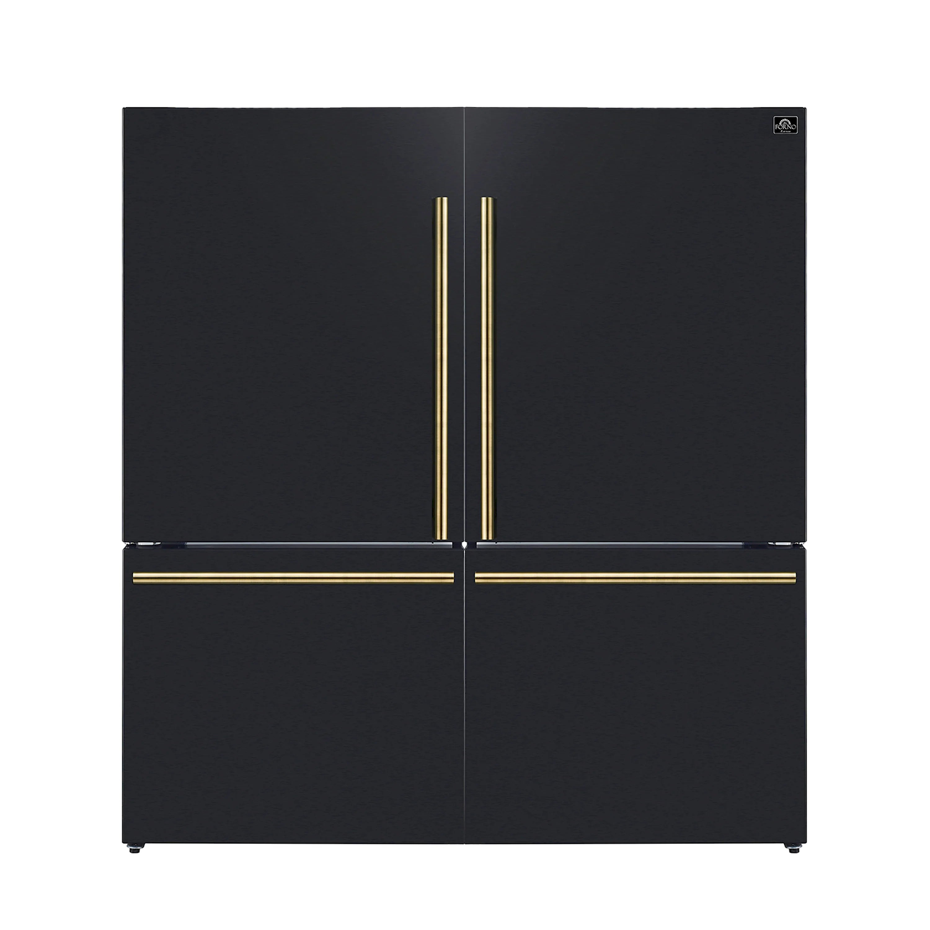 Black bottom-freezer refrigerator with antique brass double handle, front view