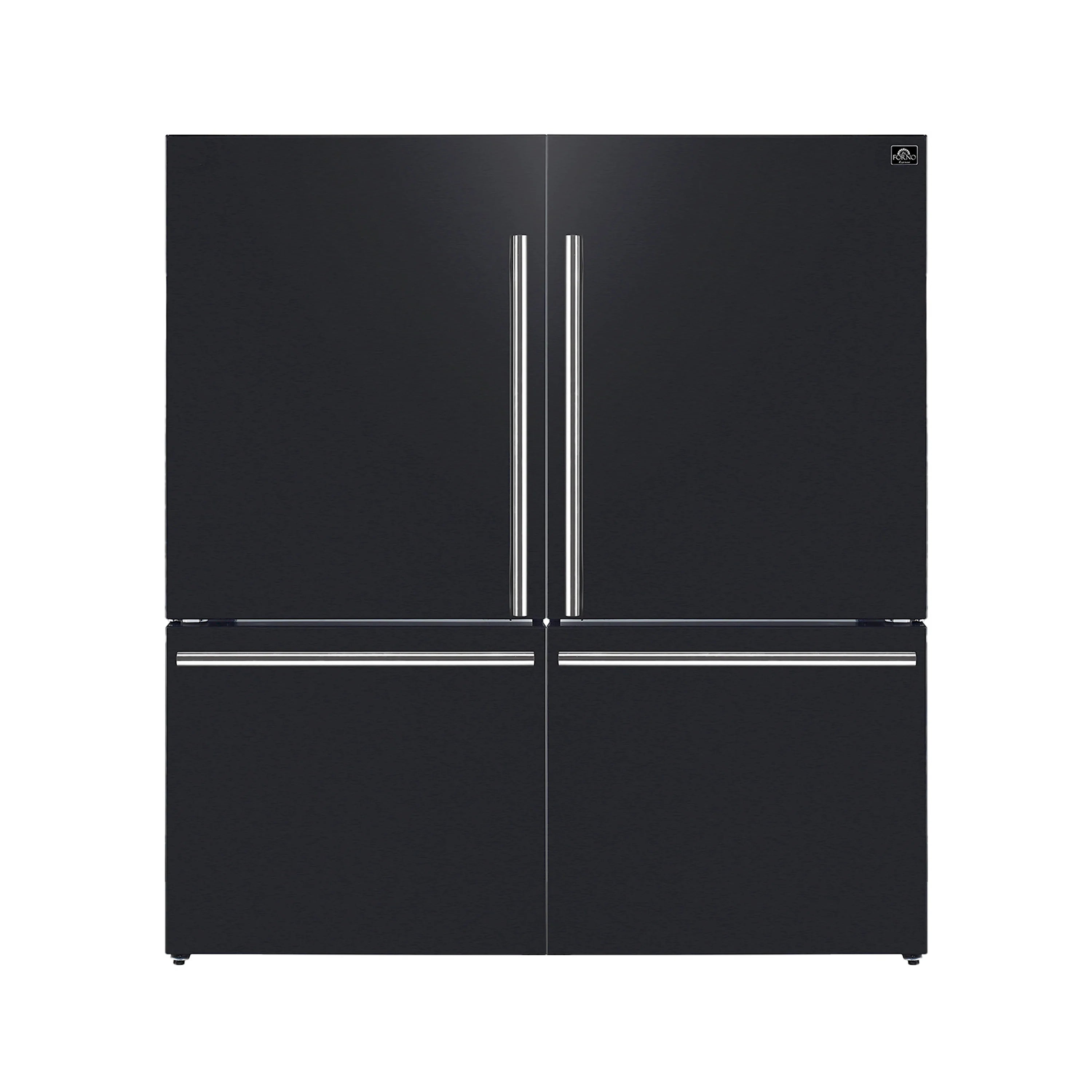 Black double-door refrigerator with stainless side-by-side handles, front view