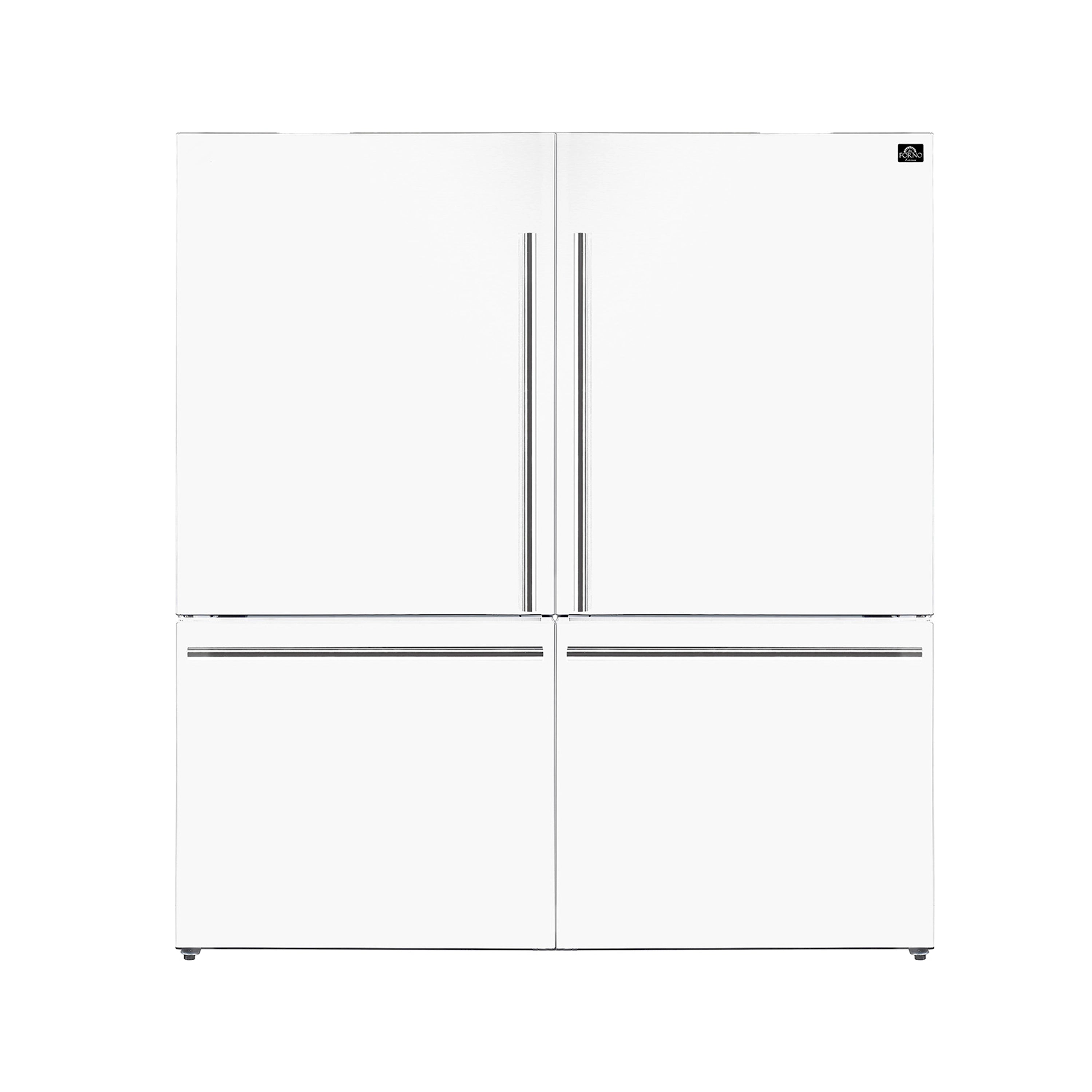 White bottom-freezer refrigerator with double stainless handles, front view