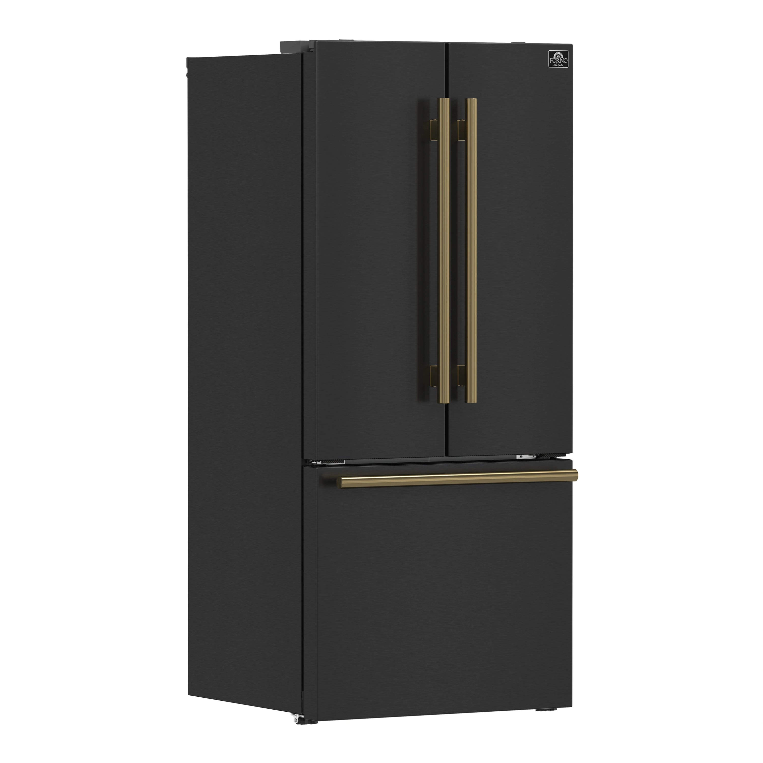 Black French door refrigerator with vertical antique brass handles, front view