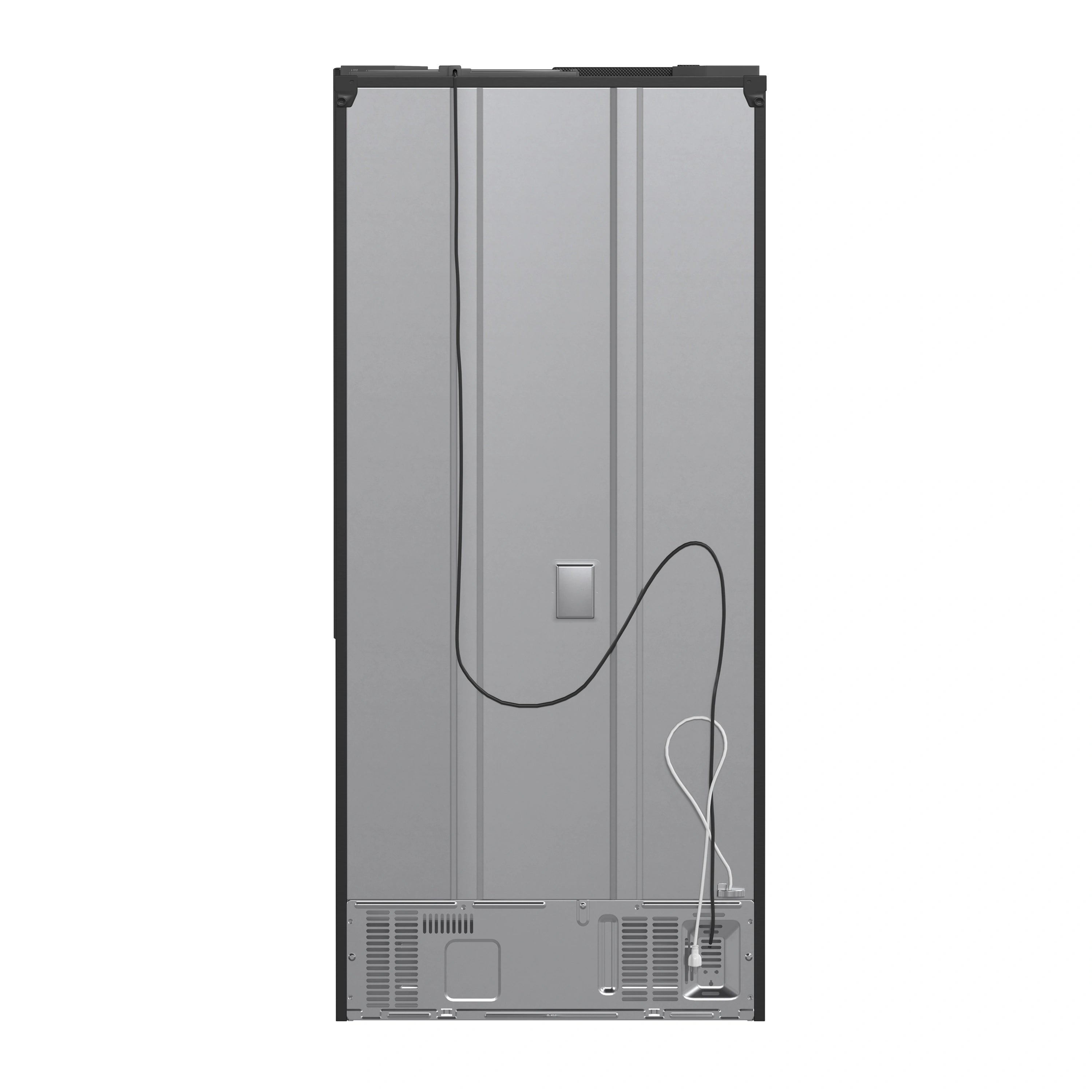 Black French door refrigerator with ice maker chute visible, exterior front view