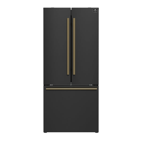 Forno Espresso Gallipoli 30-inch 17.5 cu. ft. French Door Refrigerator with Ice Maker in Black with Antique Brass Handle (FFFFD1974-31BLK)