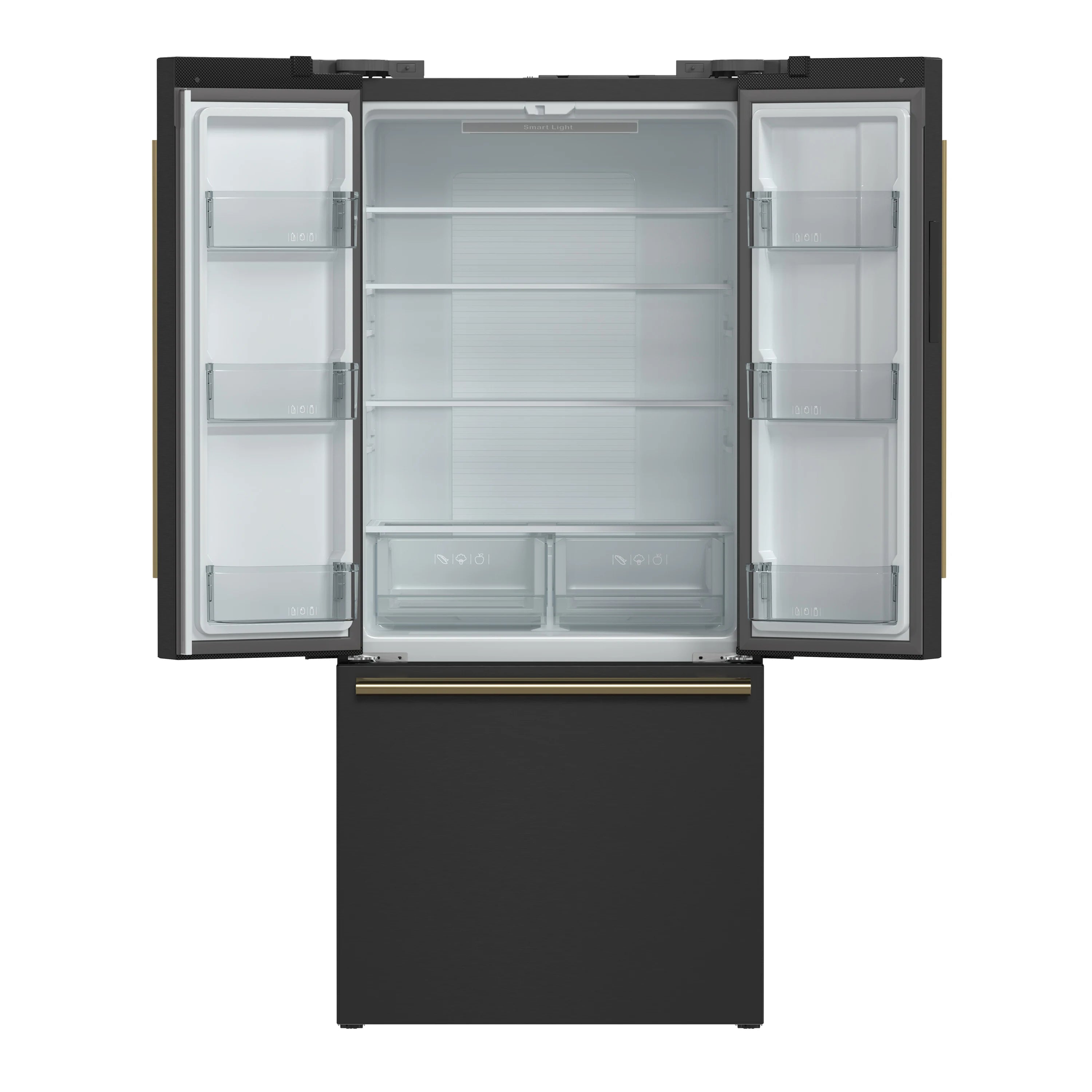 Black French door refrigerator with doors open, visible shelves and interior bins in white