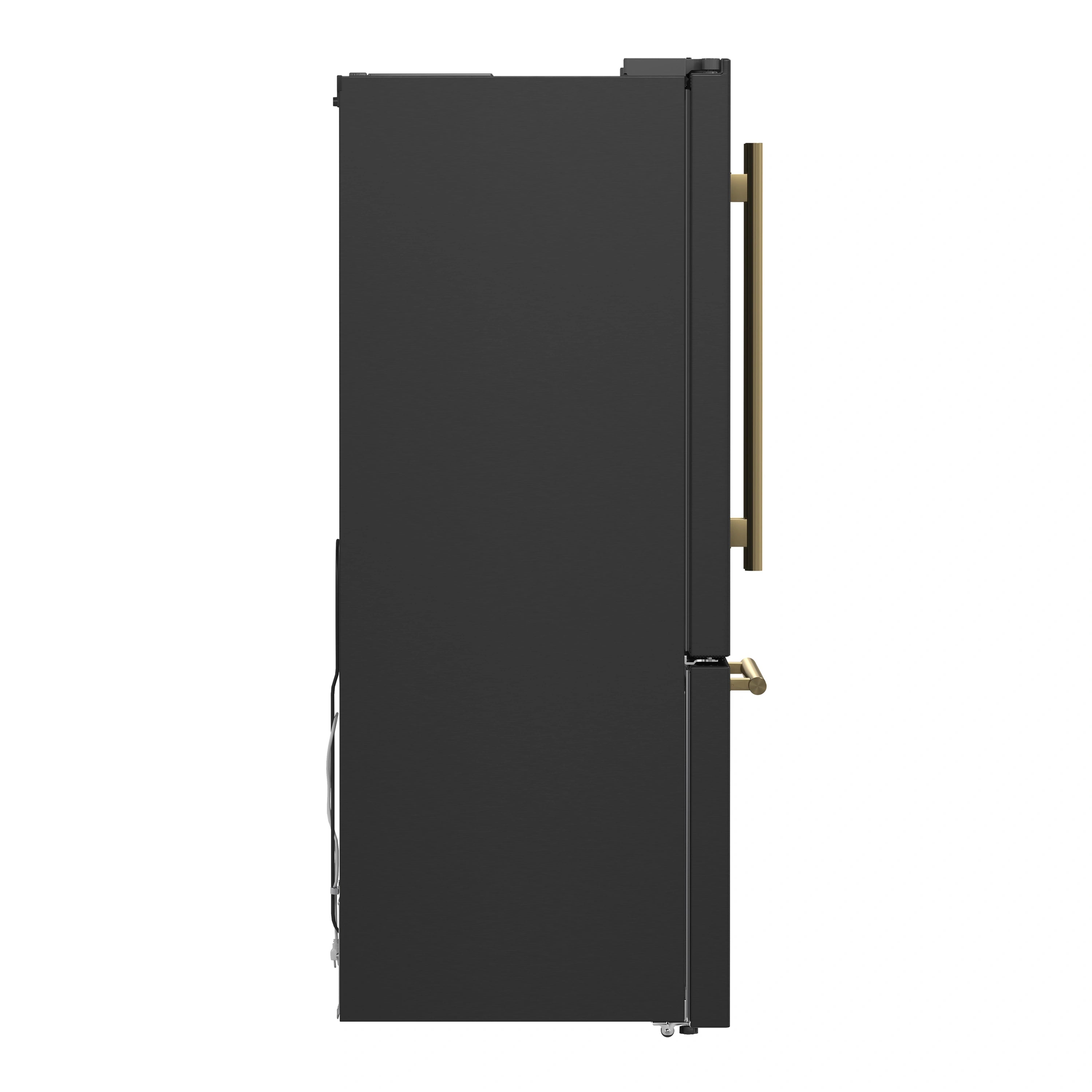 Black French door refrigerator side view with antique brass vertical handle