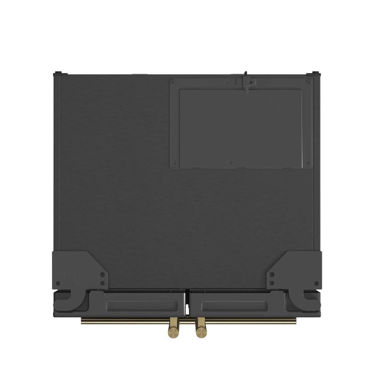 Black refrigerator bottom view with access panel and four brass leveling feet.