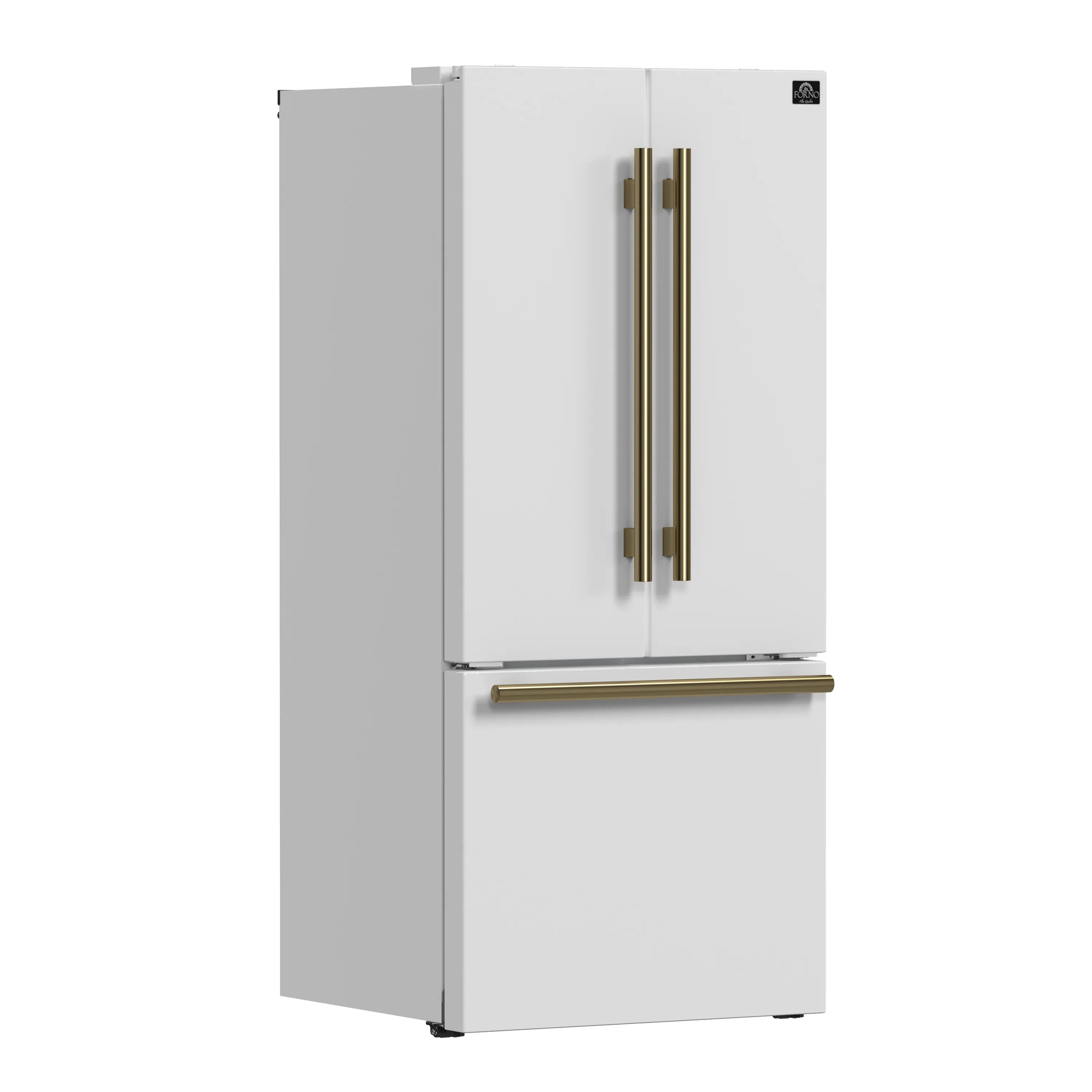 White French-door refrigerator with antique brass double handle and bottom freezer drawer